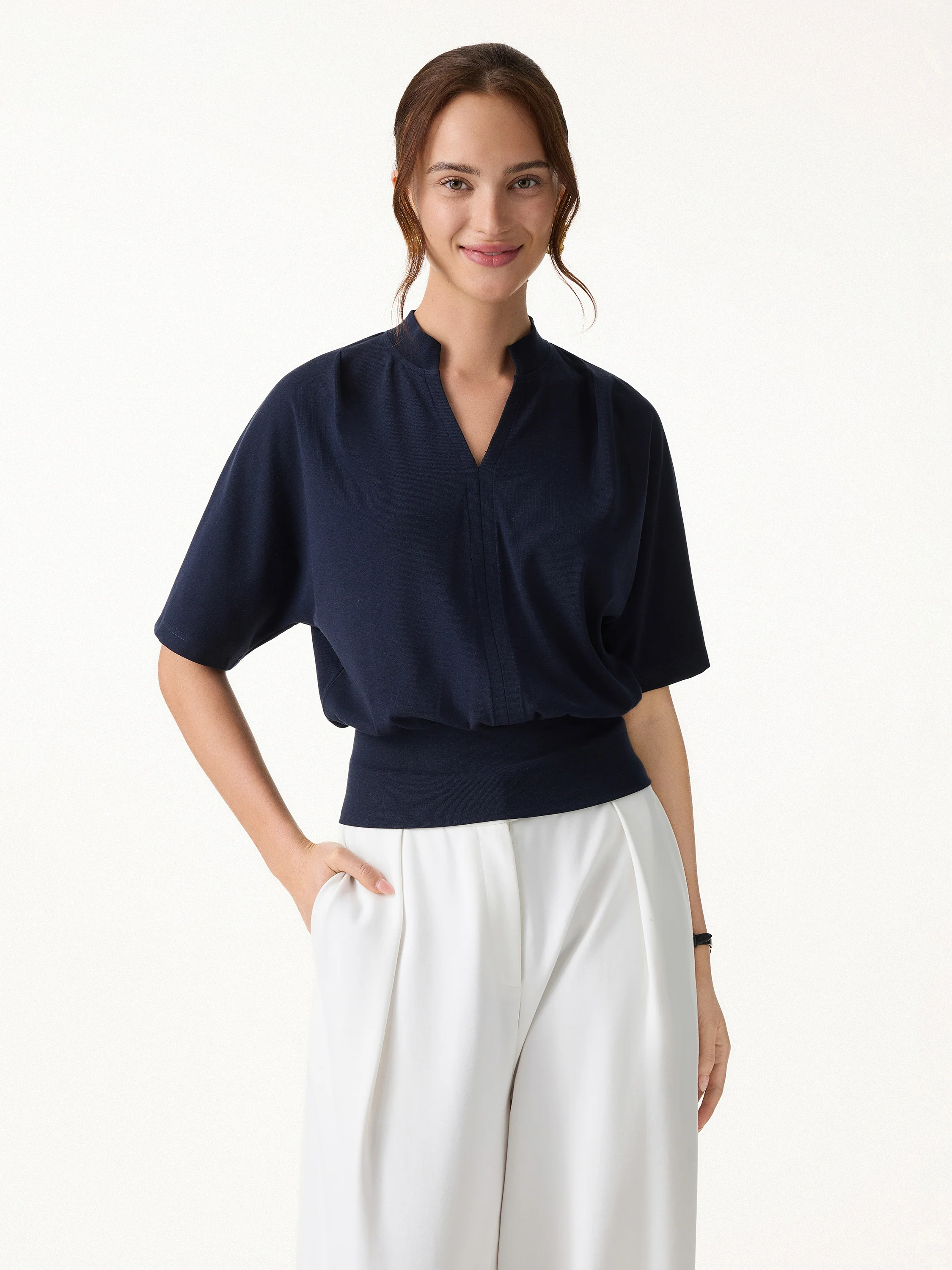 Stand Collar V-Neck Short Sleeve Top - Image 4