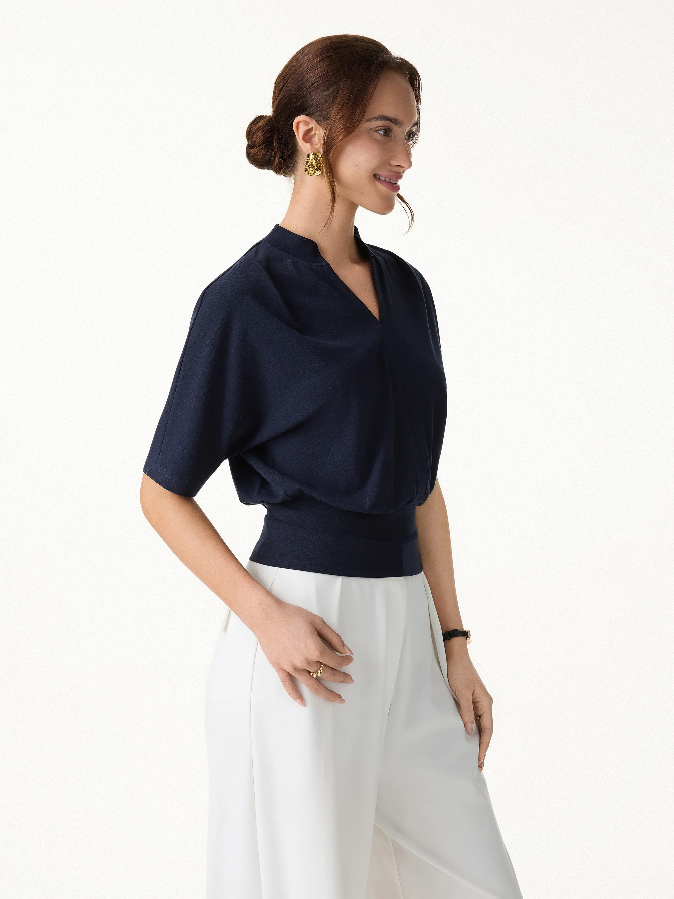 Stand Collar V-Neck Short Sleeve Top - Image 5