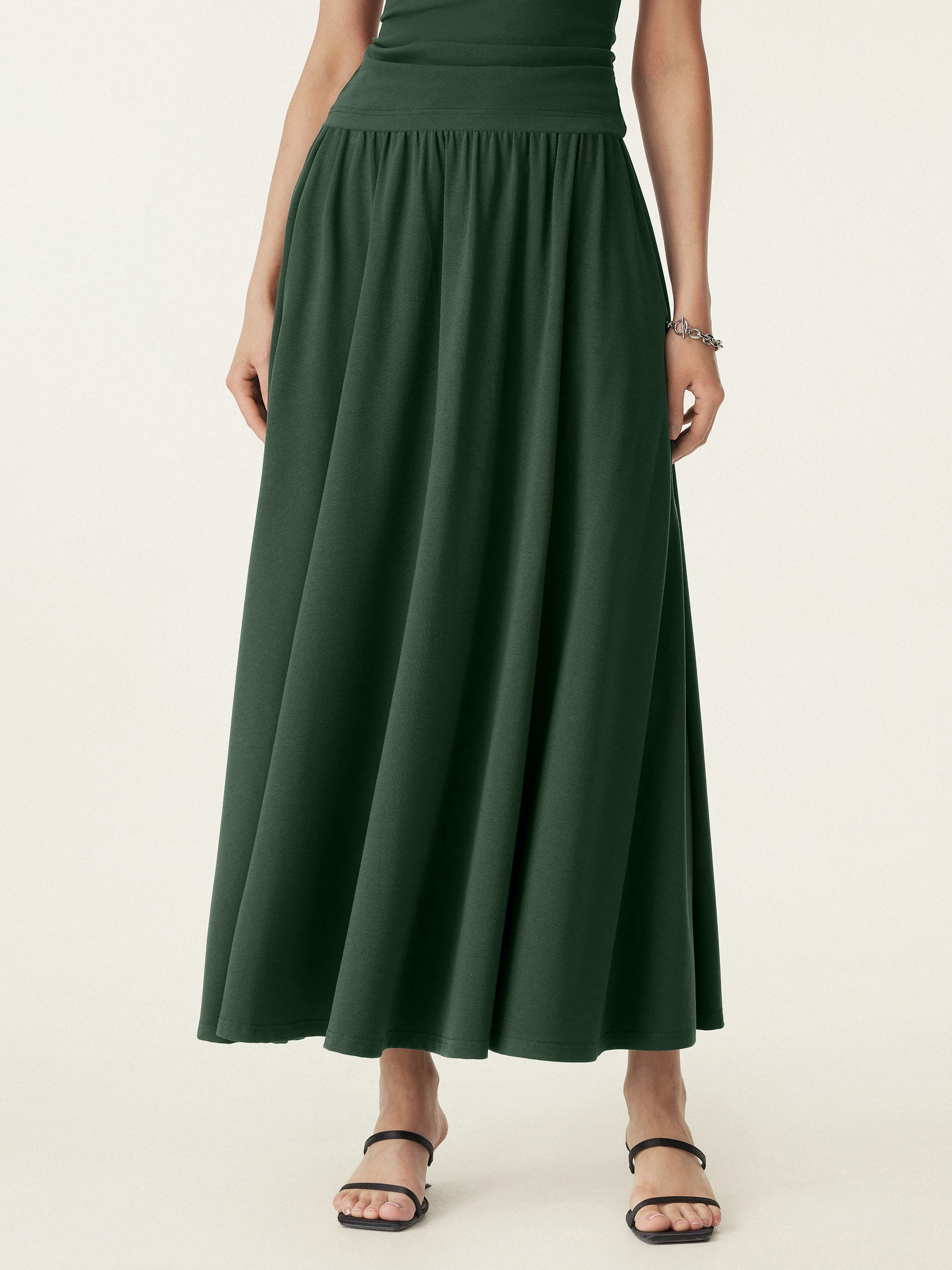 Stretch Cotton Maxi Umbrella Skirt with Pockets - Image 4