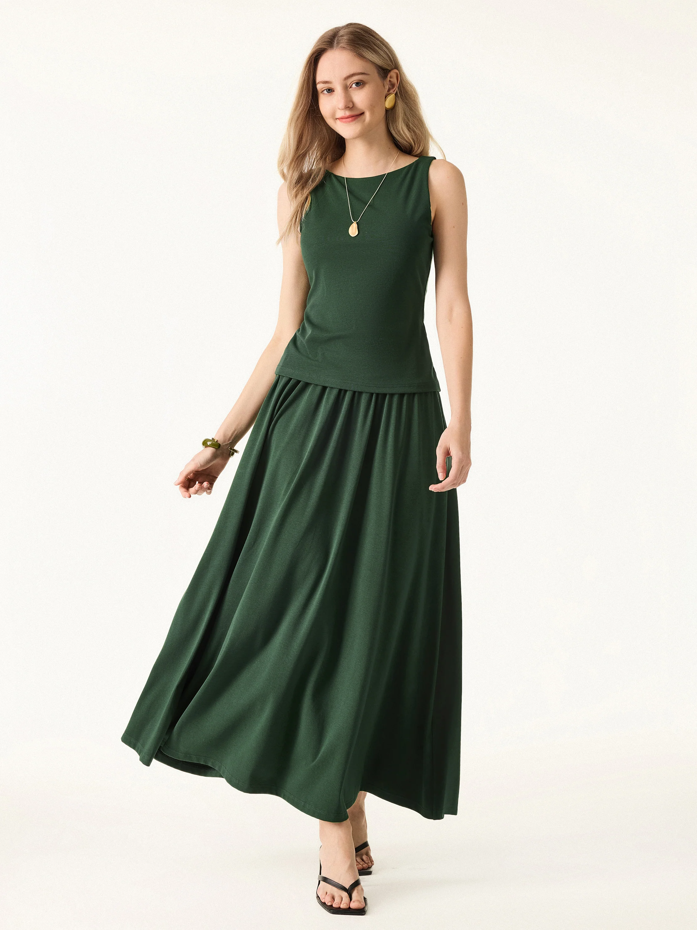 Stretch Cotton Maxi Umbrella Skirt with Pockets - Image 5