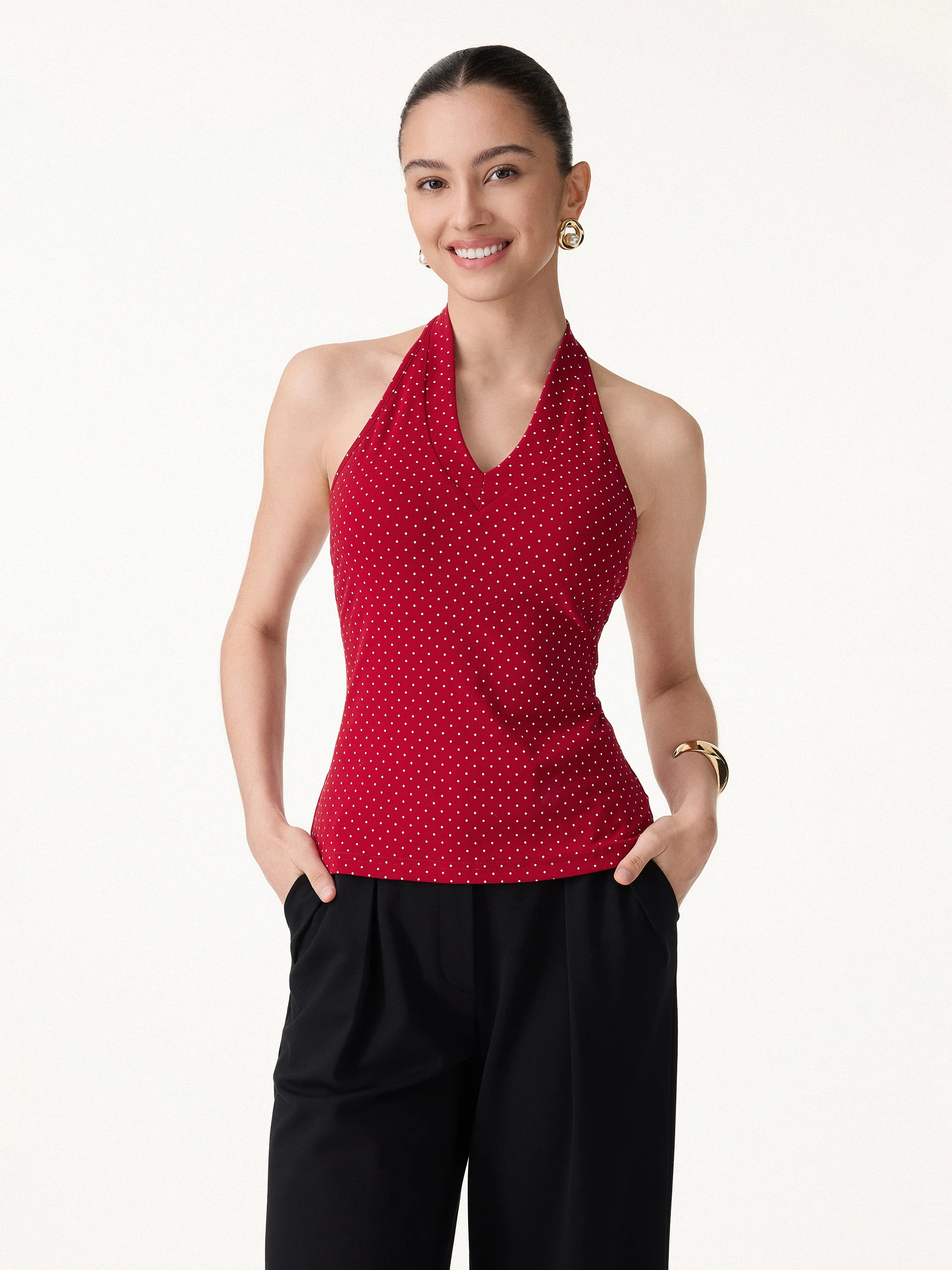 Stretch Cotton Polka Dot Halter Neck Open Back Bra Top - Image 3