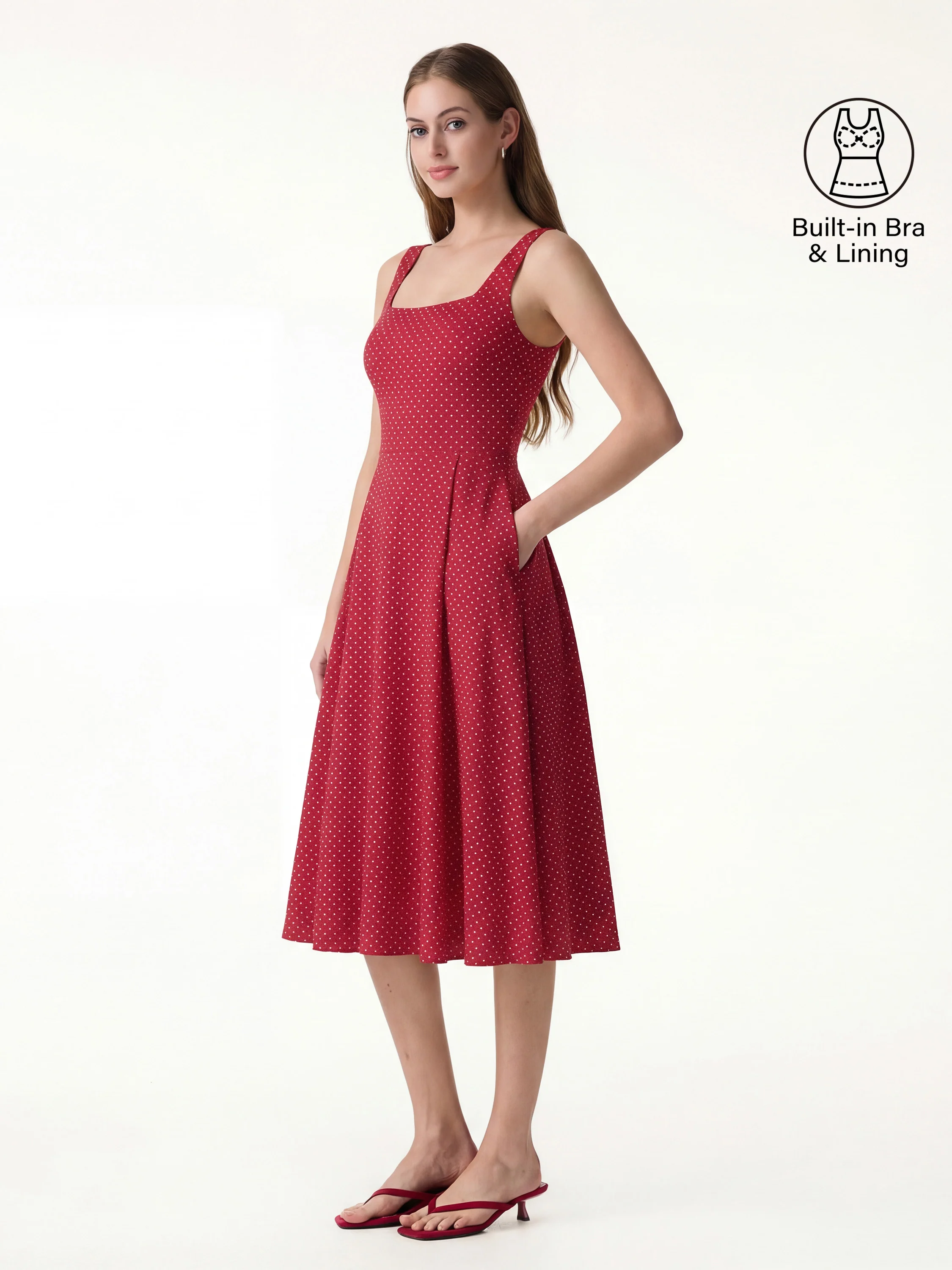 Stretch Cotton Polka Dot Square Neck Midi Bra Dress with Pockets Limited Edition - Image 12