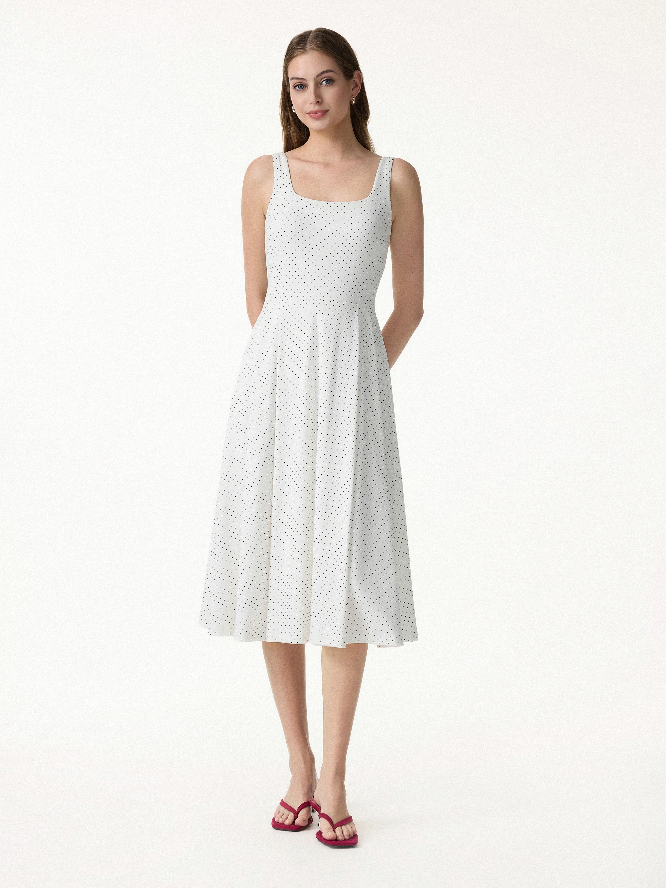 Stretch Cotton Polka Dot Square Neck Midi Bra Dress with Pockets Limited Edition - Image 6