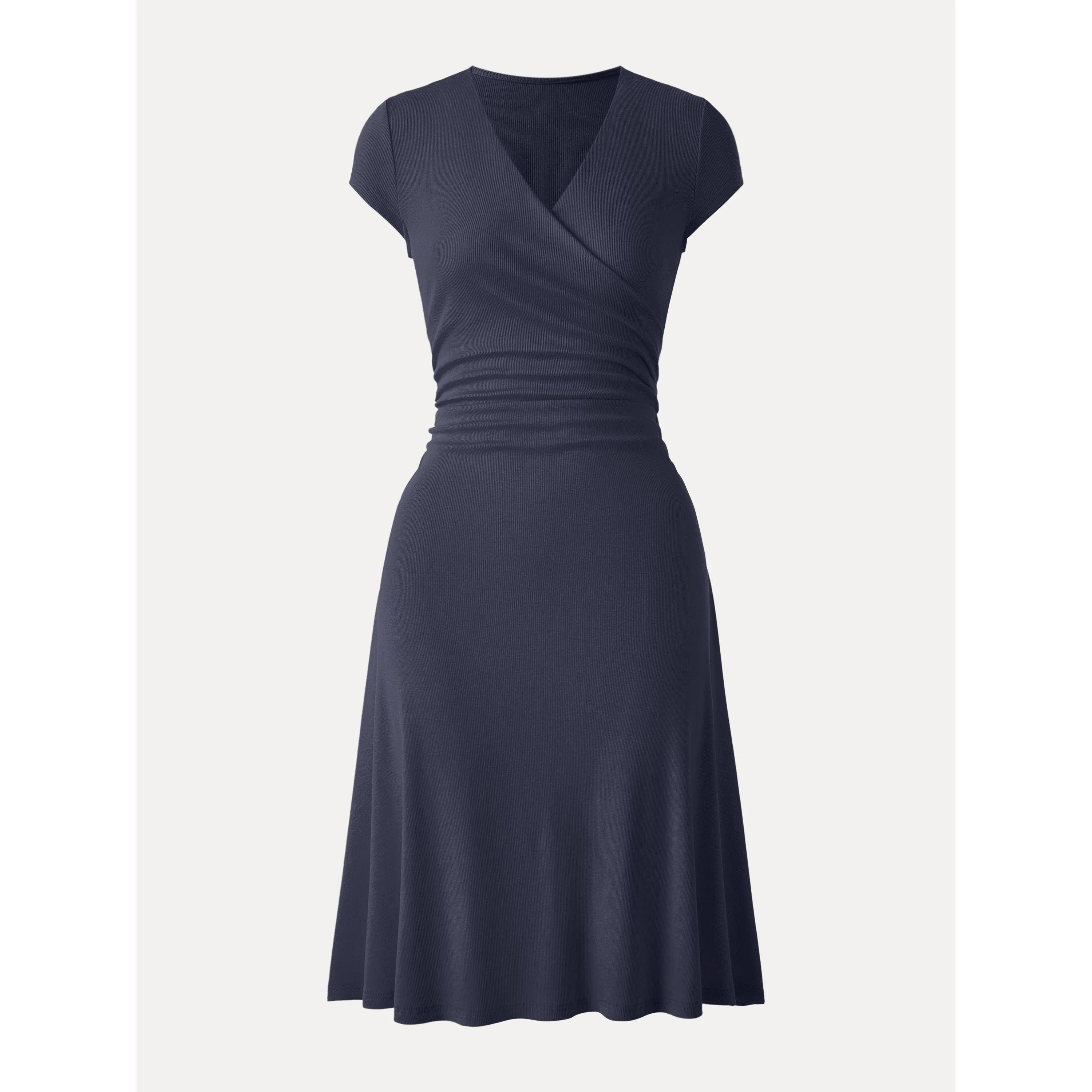 Stretch Cotton Surplice V-neck Cap Sleeve Midi Dress - Image 11