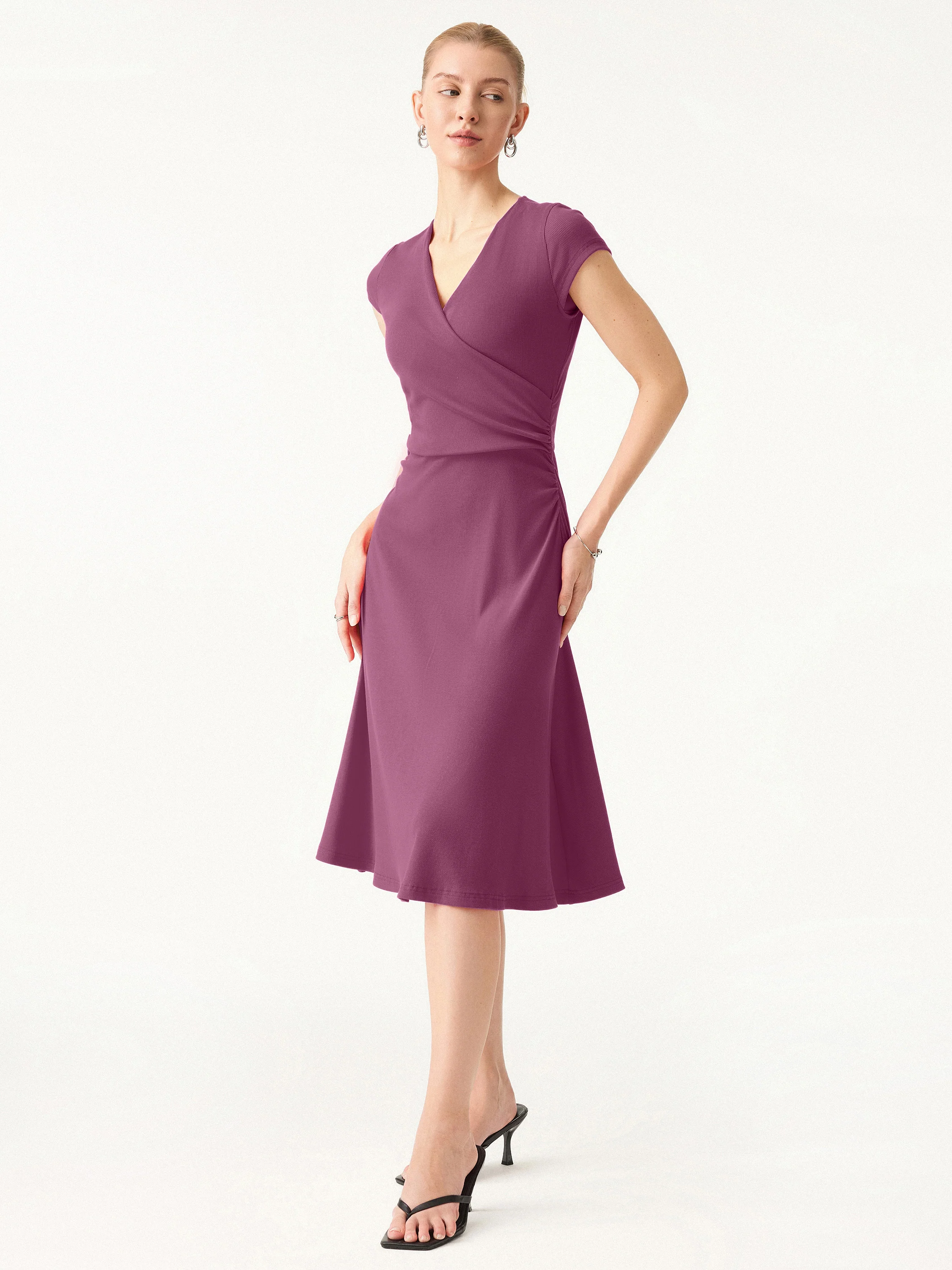 Stretch Cotton Surplice V-neck Cap Sleeve Midi Dress - Image 12