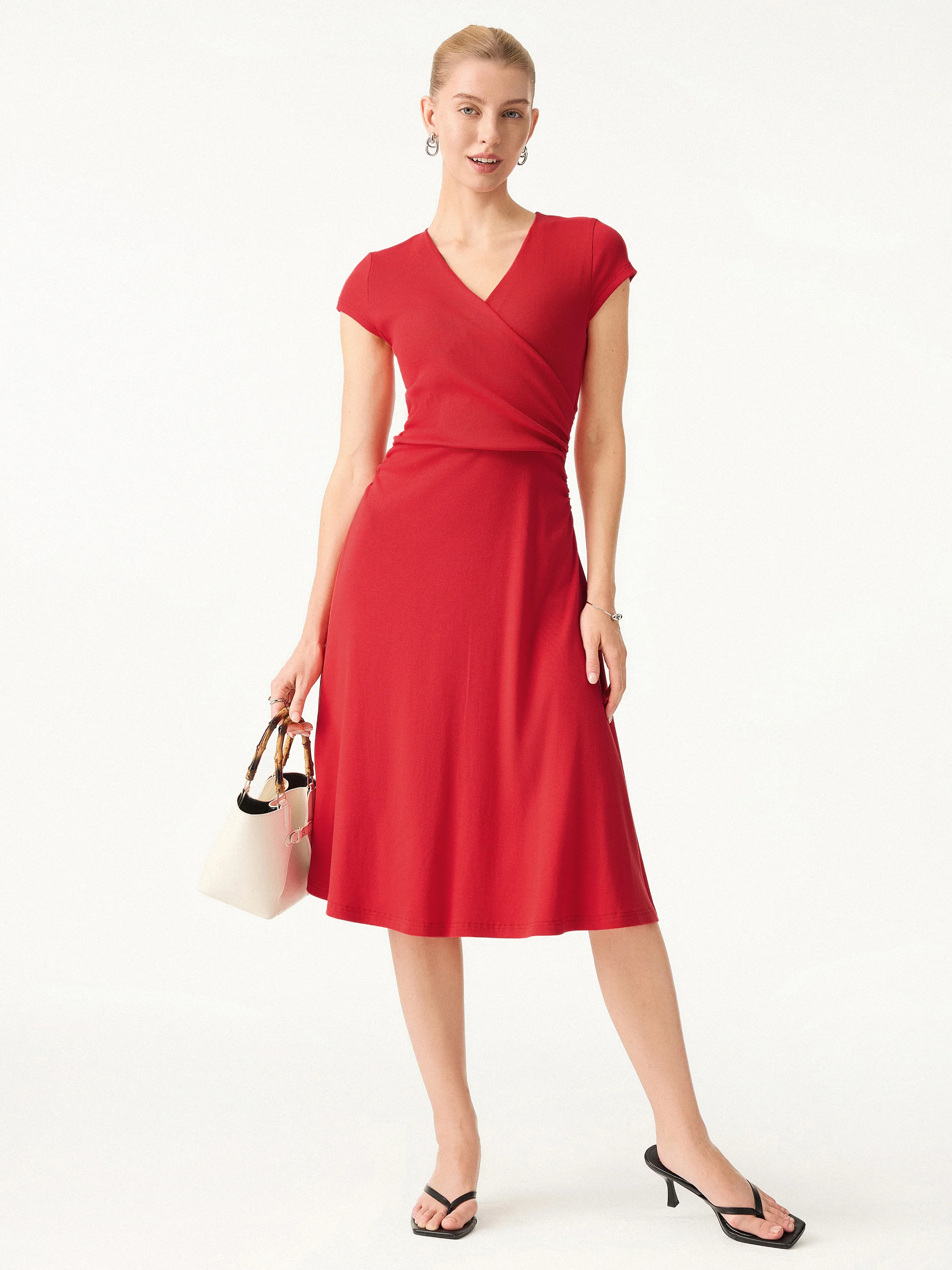 Stretch Cotton Surplice V-neck Cap Sleeve Midi Dress - Image 3
