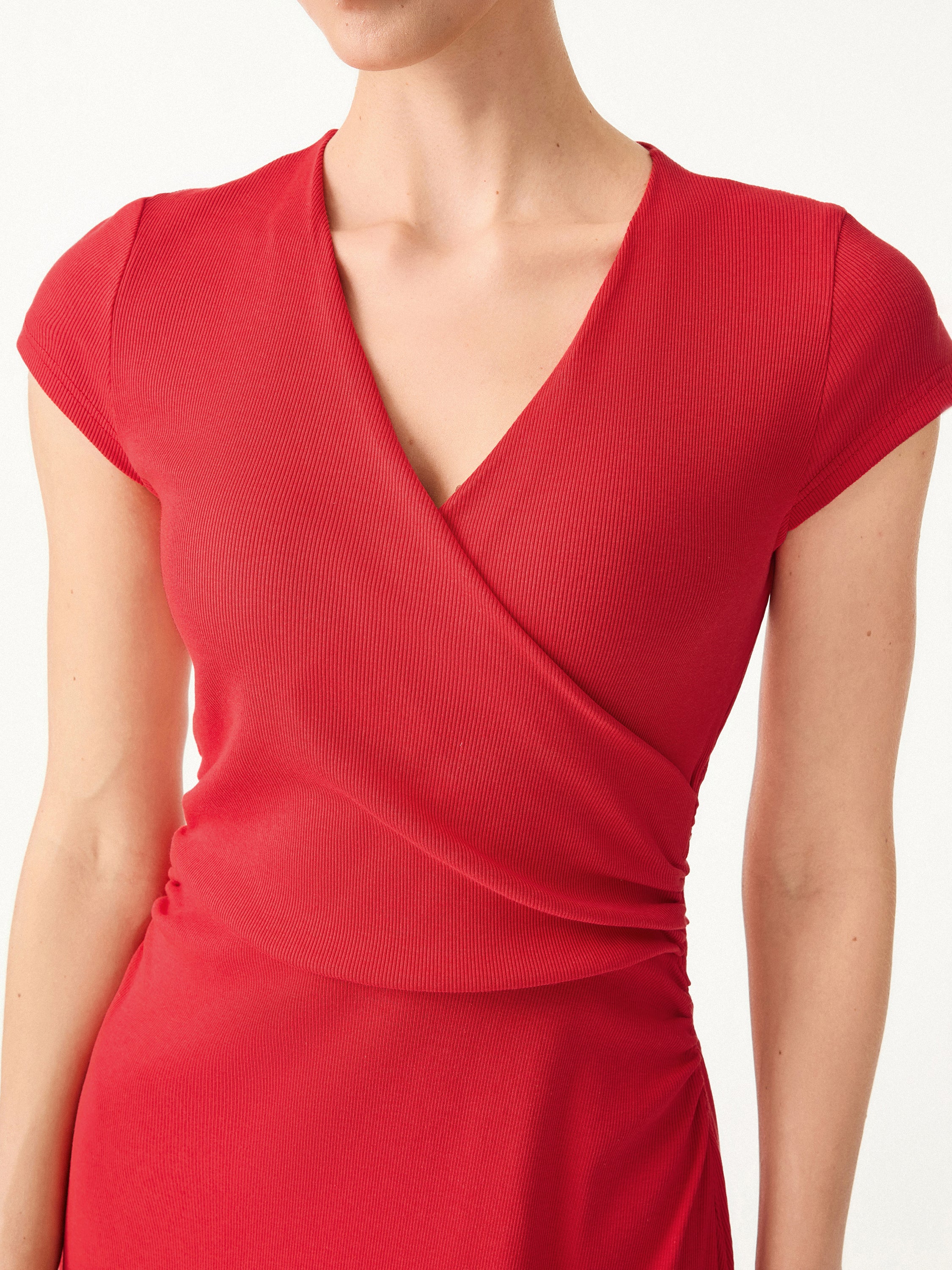 Stretch Cotton Surplice V-neck Cap Sleeve Midi Dress - Image 5