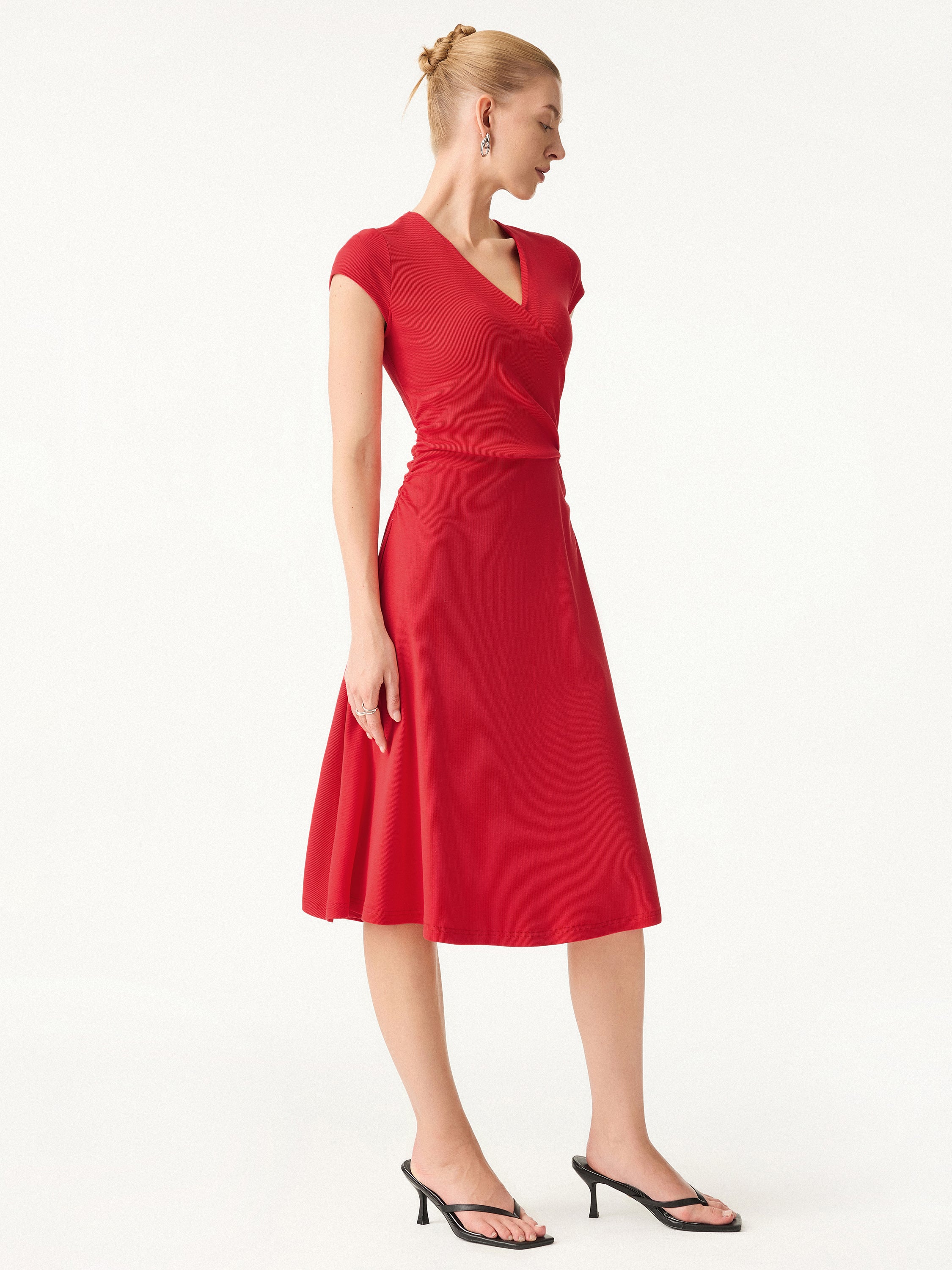 Stretch Cotton Surplice V-neck Cap Sleeve Midi Dress - Image 7