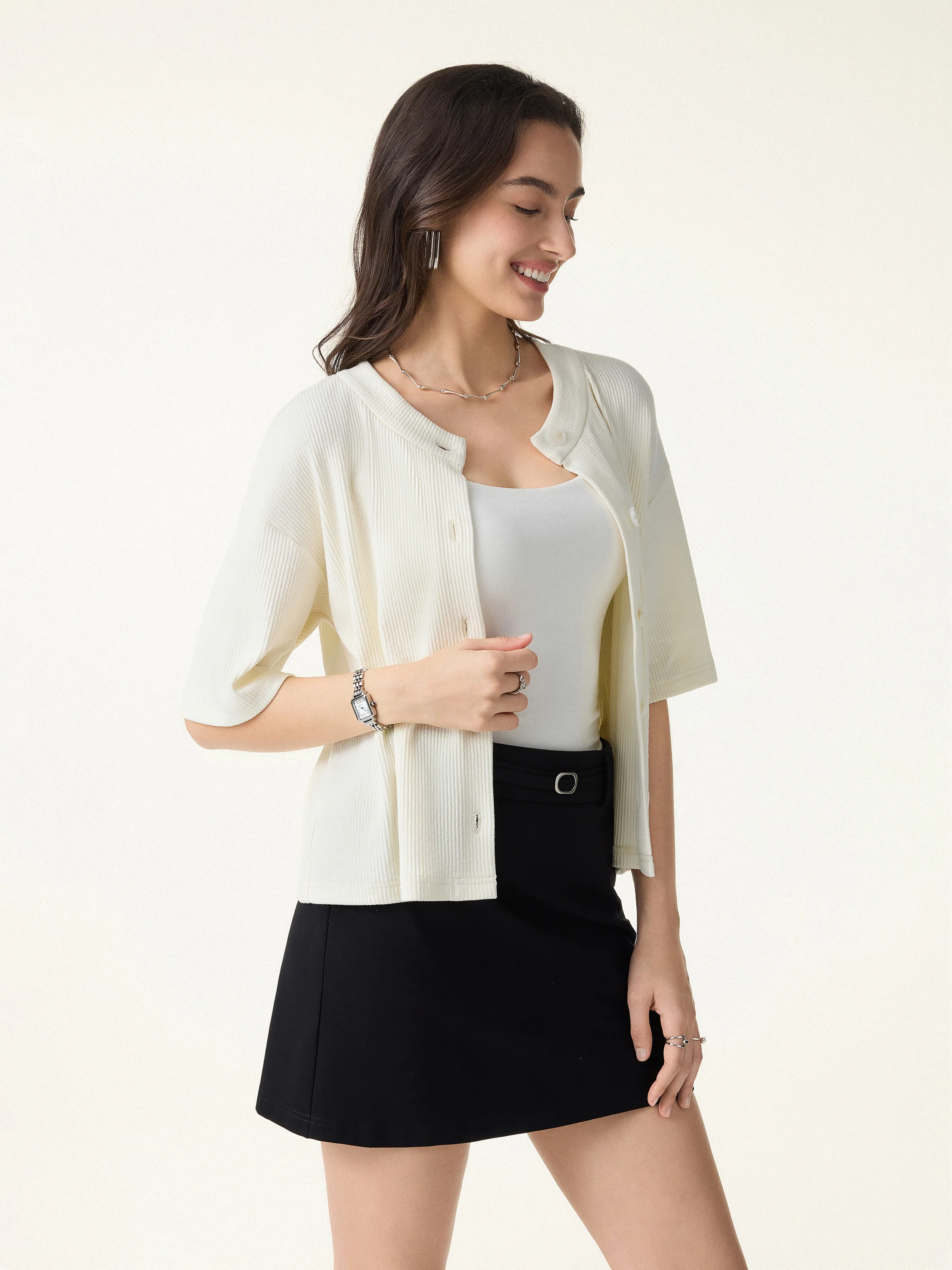 Stretch Cotton Textured Button-Up Elbow Sleeve Cardigan - Image 2