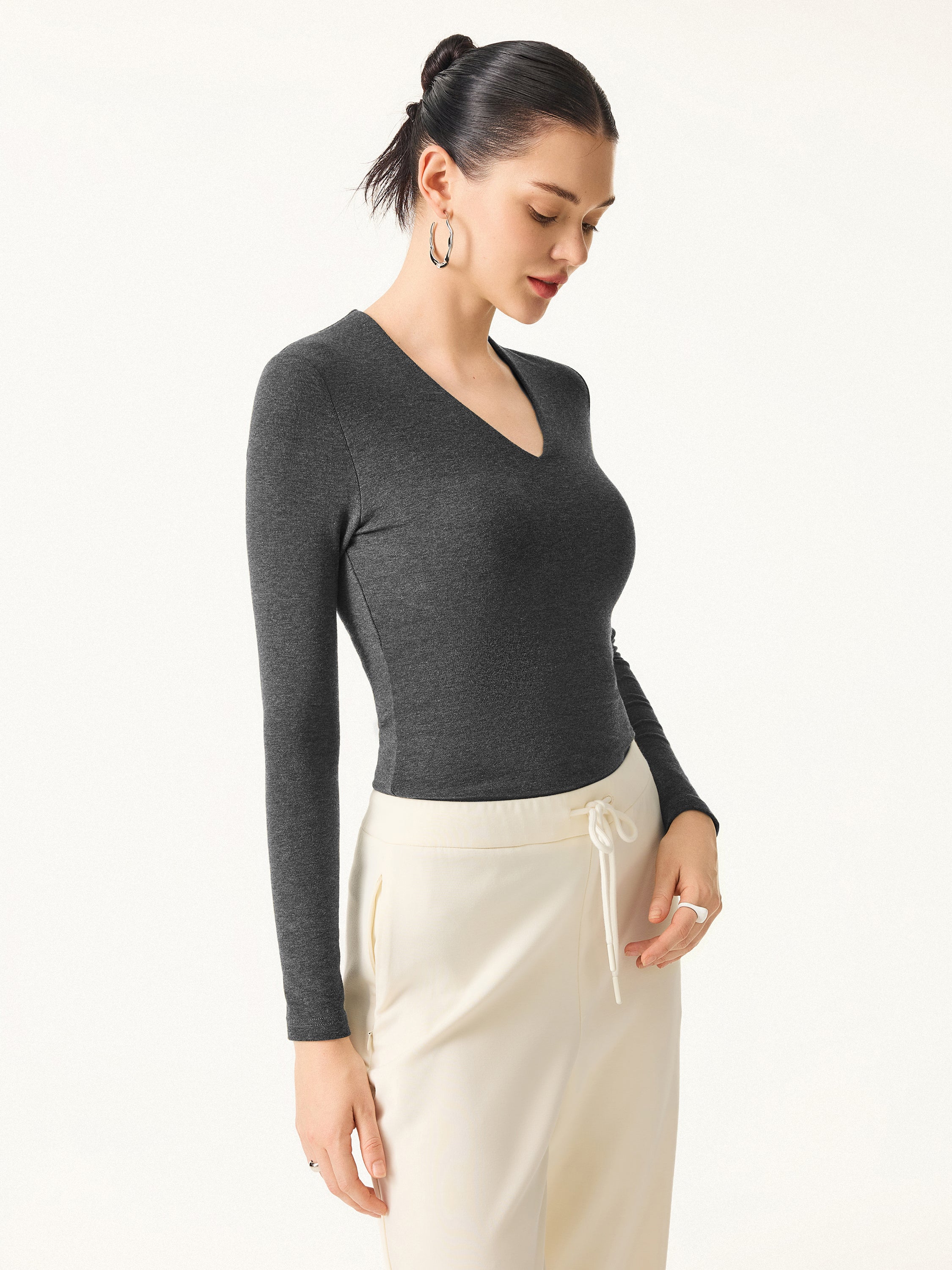 Stretch Cotton V-Neck Long Sleeve Bra Top - Image 8