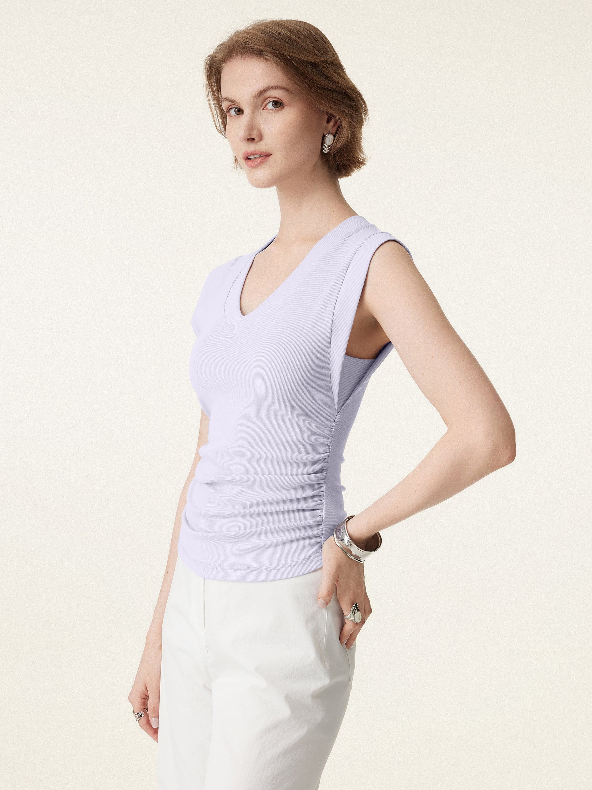 Stretch Cotton V-neck Side Ruched Muscle Bra Top - Image 11