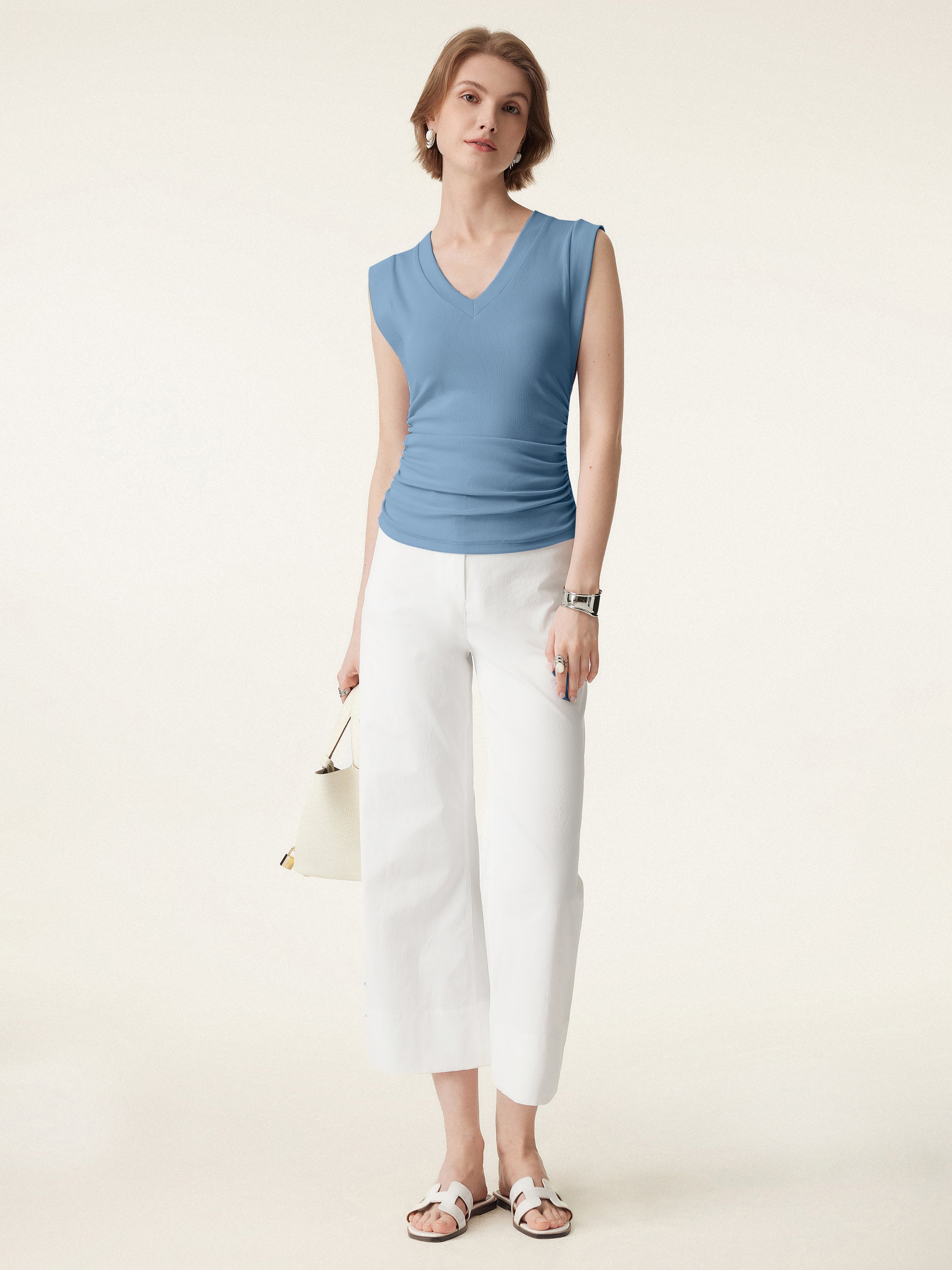Stretch Cotton V-neck Side Ruched Muscle Bra Top - Image 3