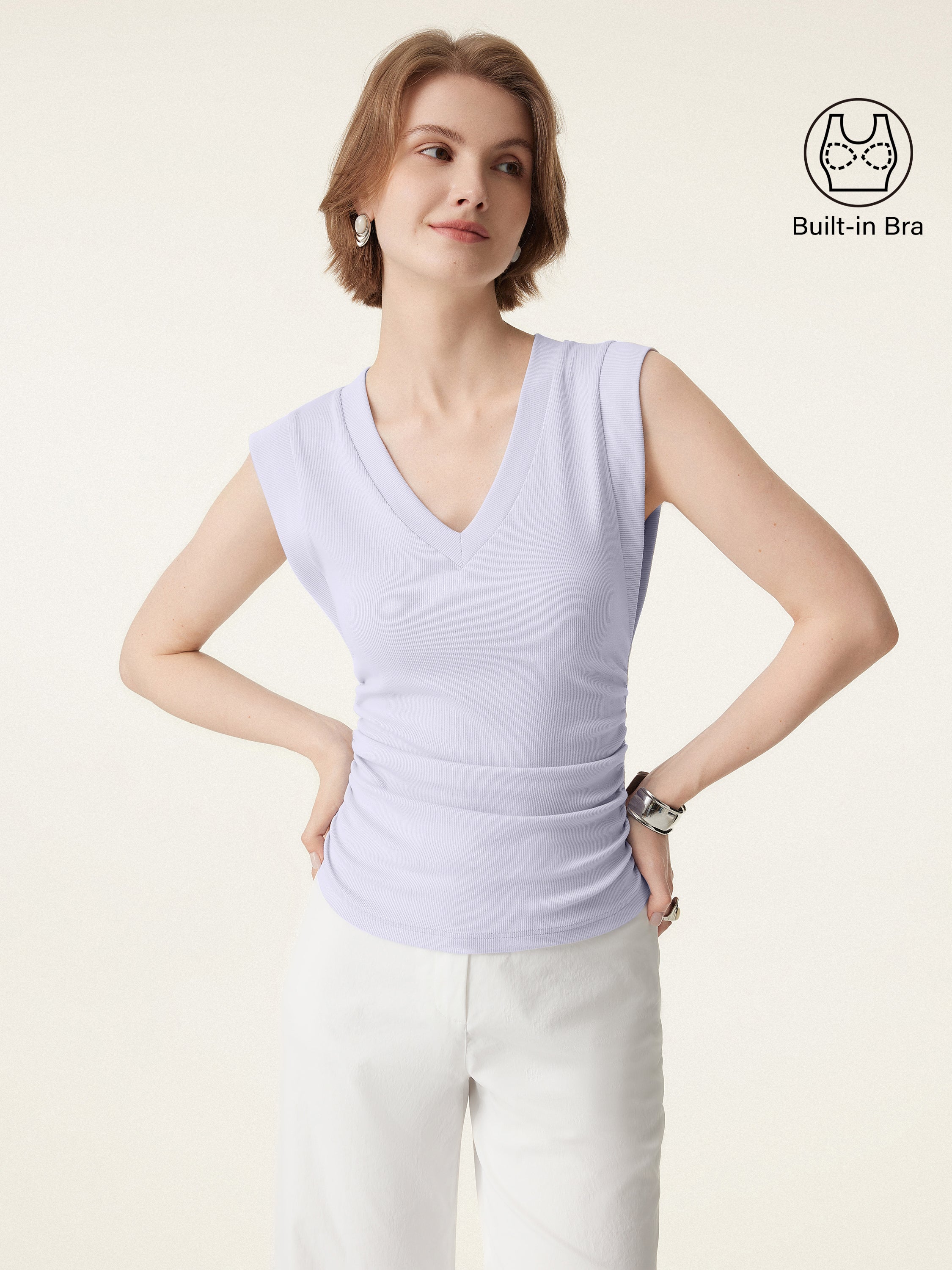 Stretch Cotton V-neck Side Ruched Muscle Bra Top - Image 5