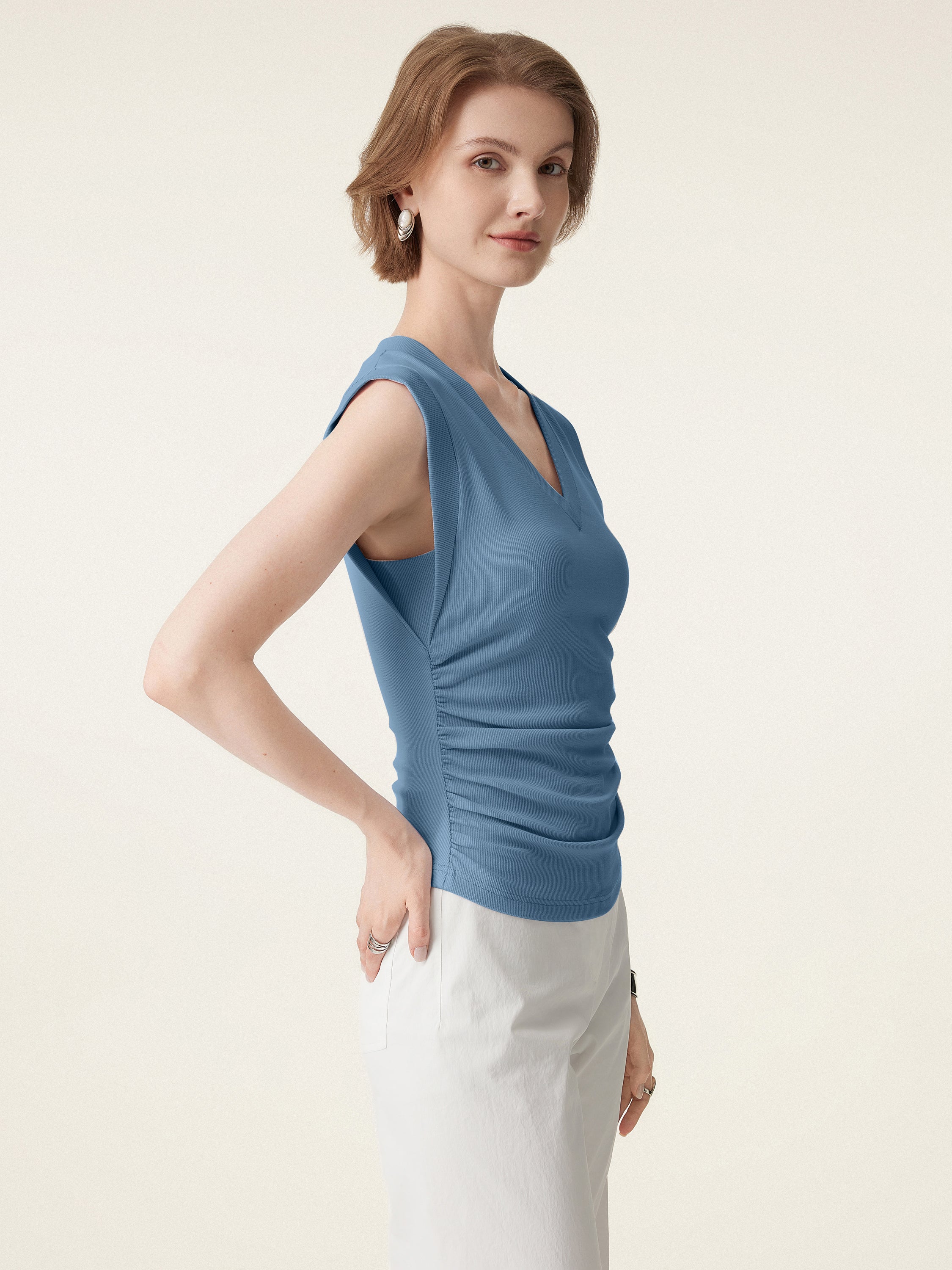 Stretch Cotton V-neck Side Ruched Muscle Bra Top - Image 6