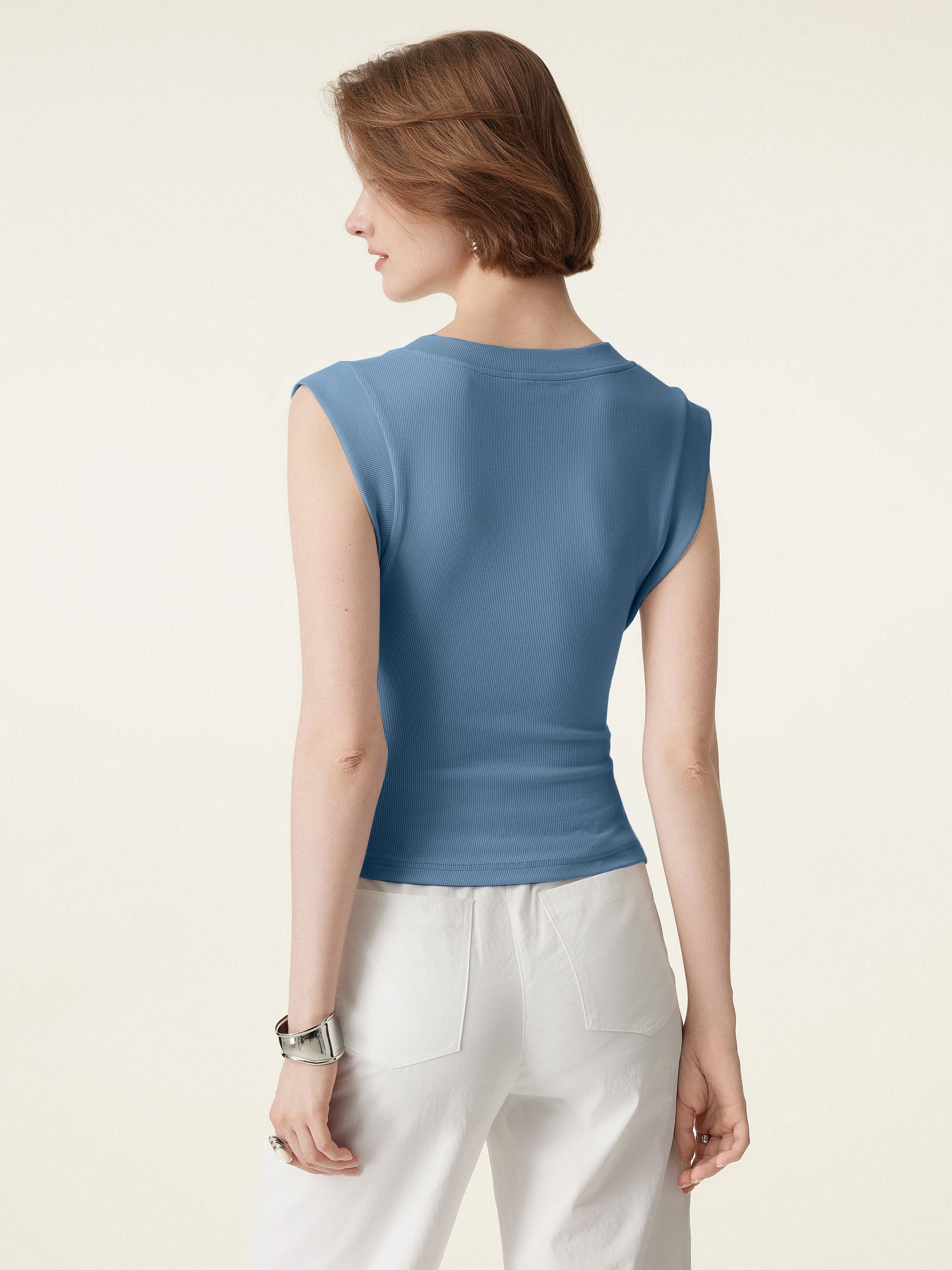Stretch Cotton V-neck Side Ruched Muscle Bra Top - Image 8