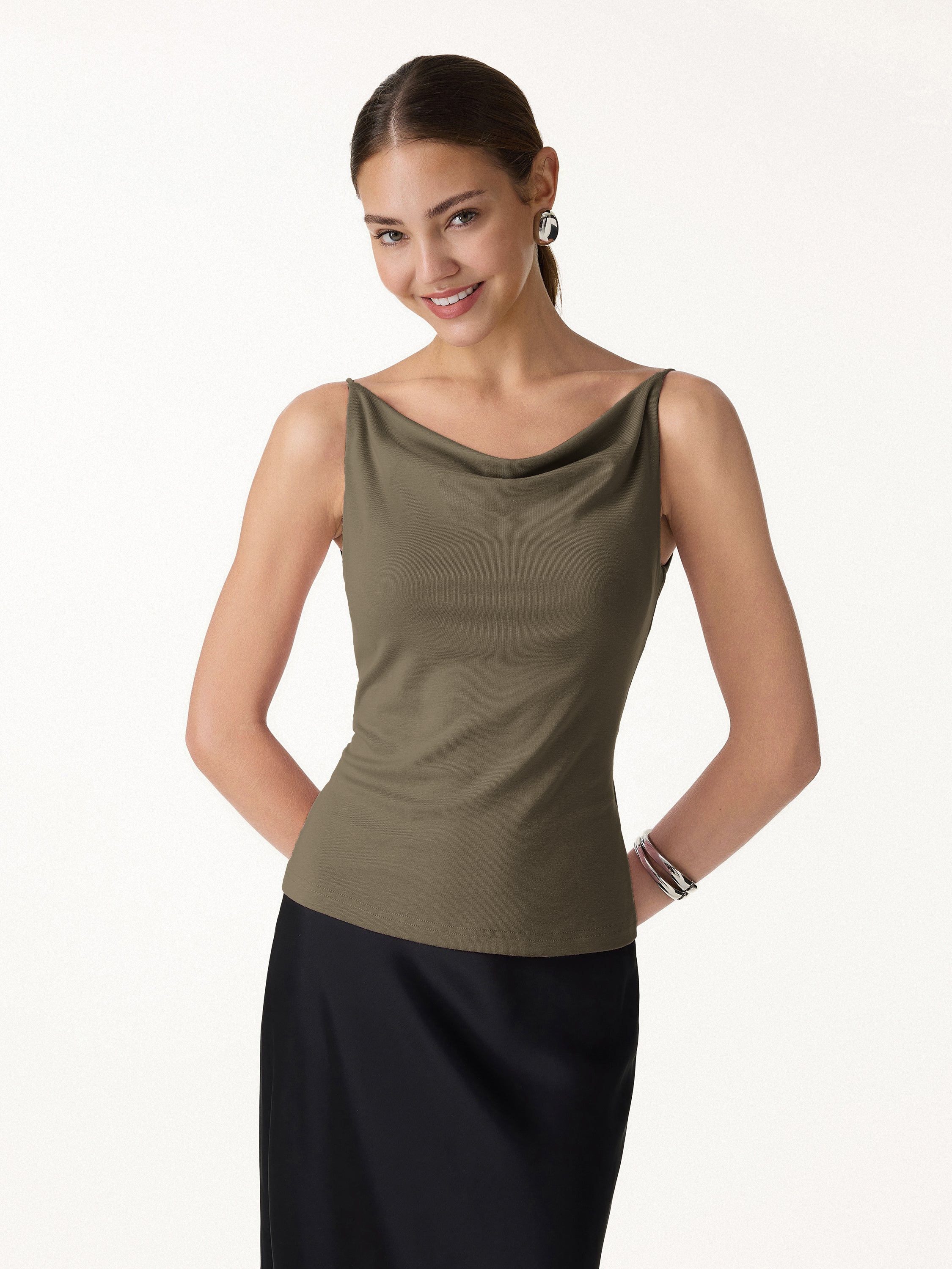 Stretch Linen Cowl Neck Bra Tank - Image 14