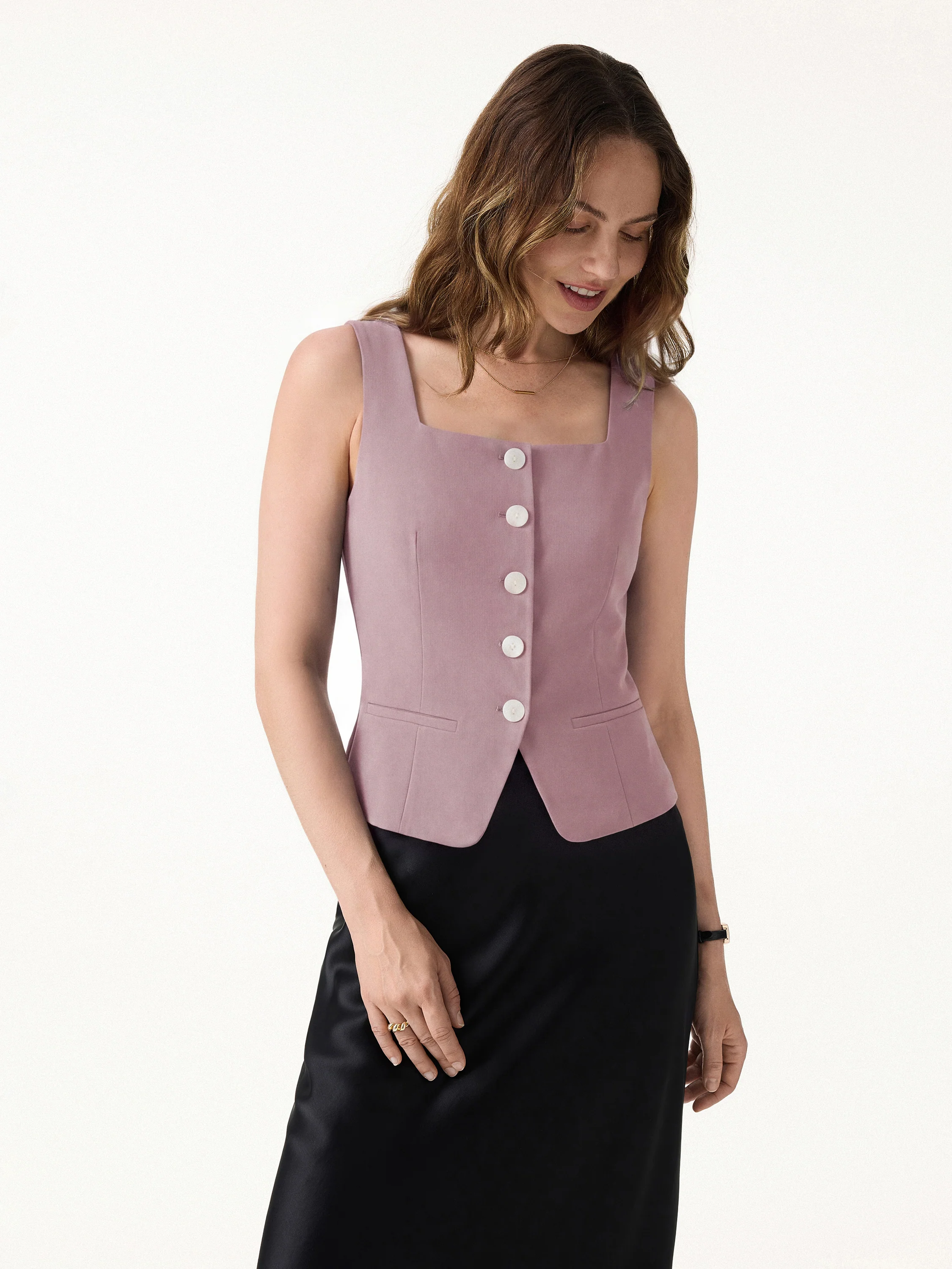 Stretch Ponte Square Neck Cropped Waistcoat with Pockets - Image 14