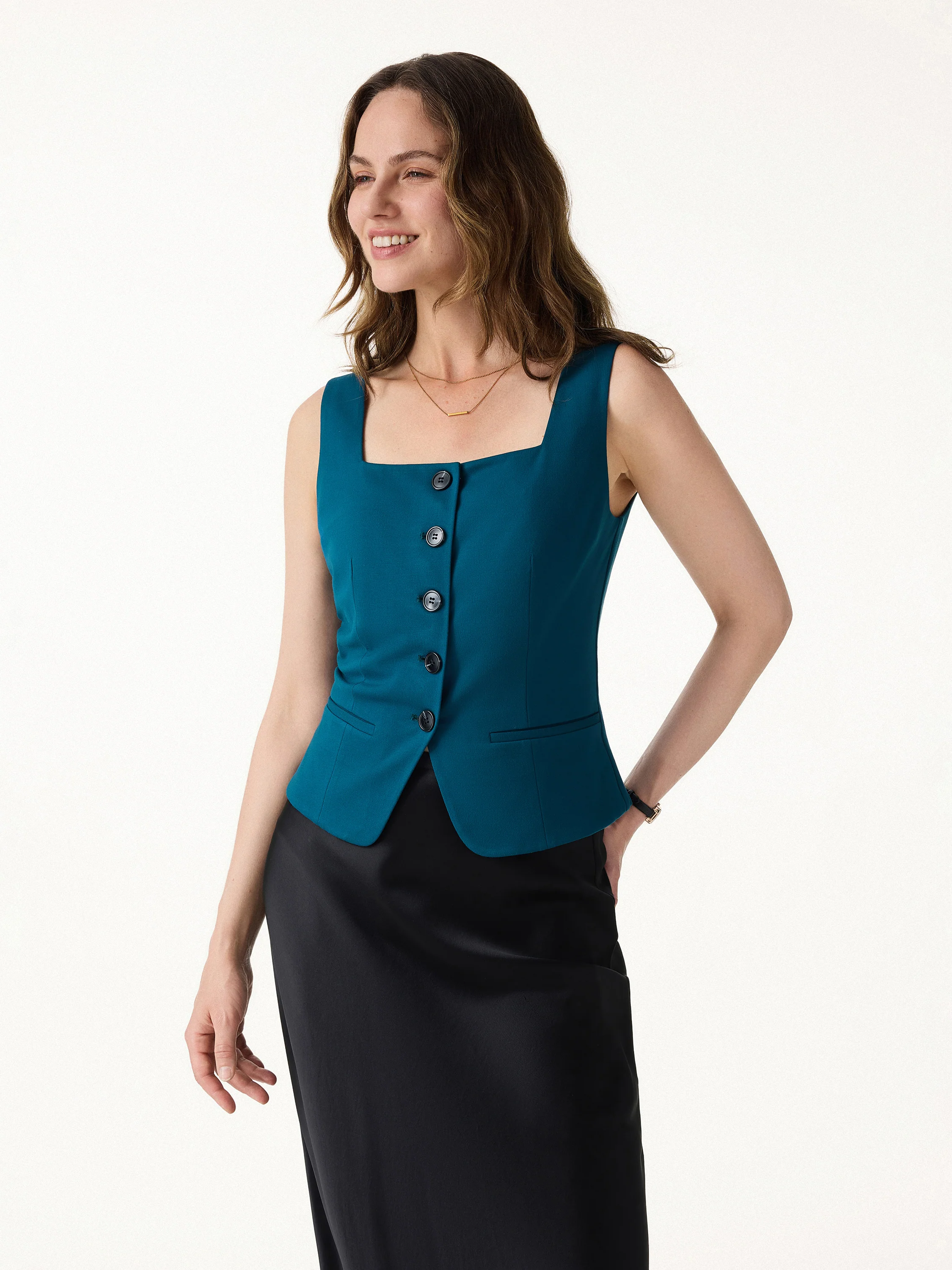 Stretch Ponte Square Neck Cropped Waistcoat with Pockets - Image 4