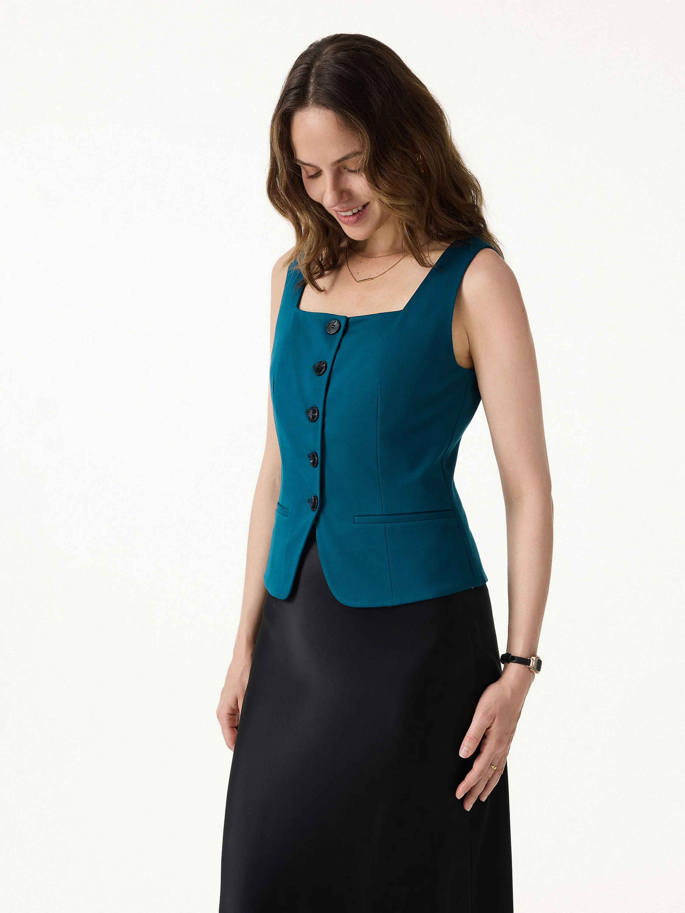 Stretch Ponte Square Neck Cropped Waistcoat with Pockets - Image 8