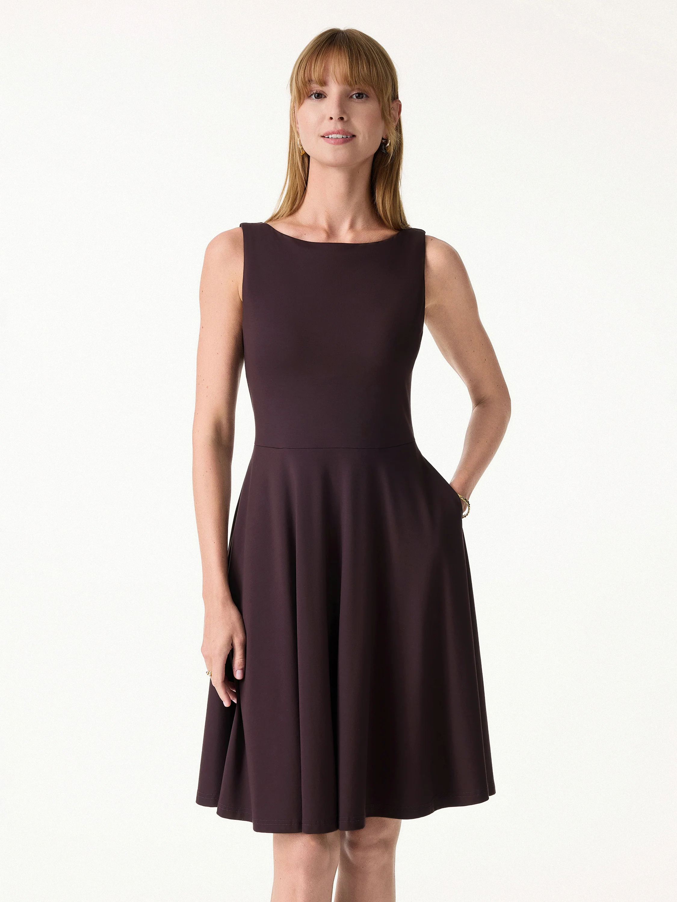 Stretchy Boatneck Fit-and-Flare Mini Bra Dress with Pockets - Image 3