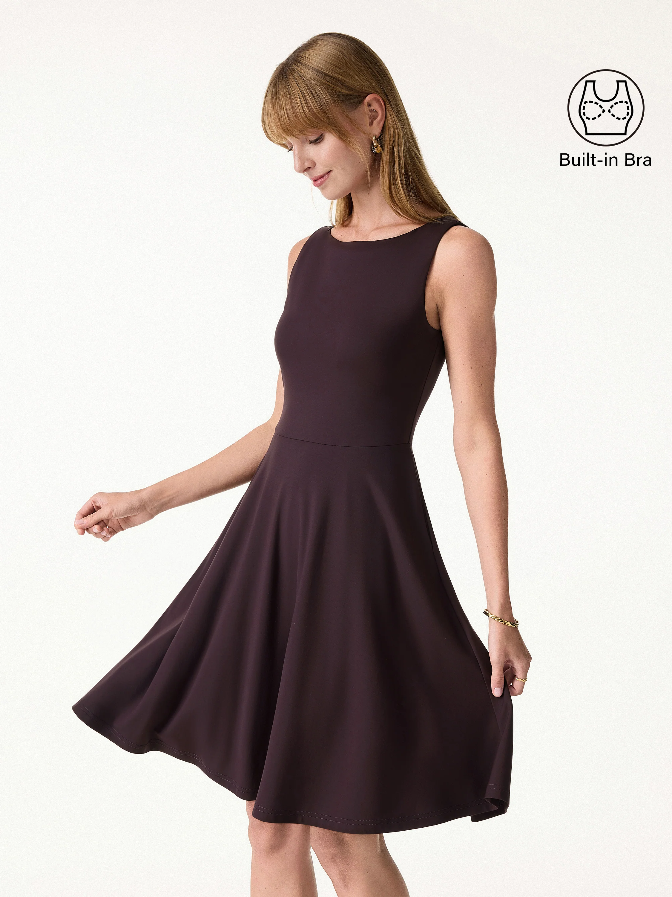 Stretchy Boatneck Fit-and-Flare Mini Bra Dress with Pockets - Image 7