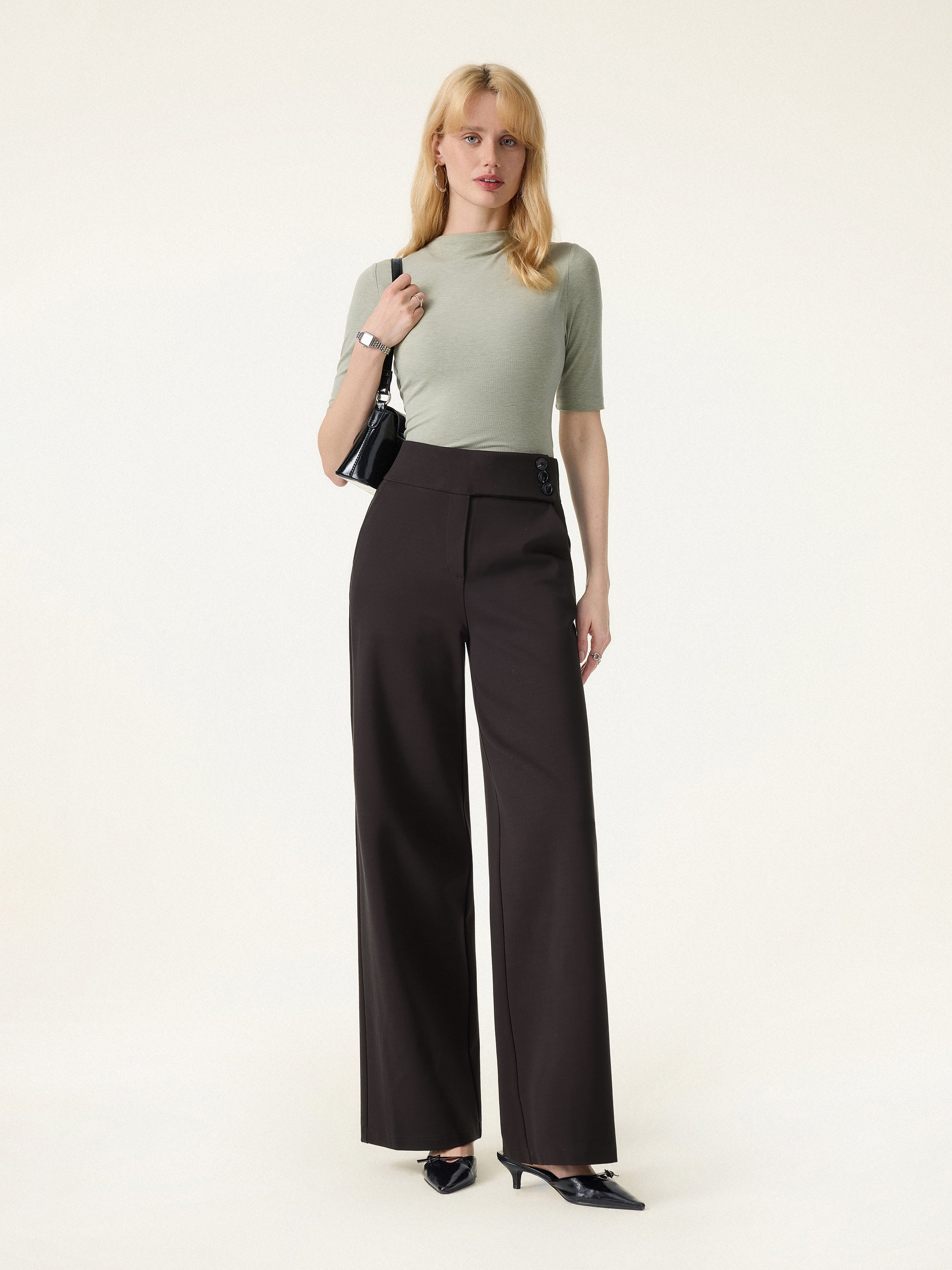 Stretchy High Rise Wide Leg Pants with Pockets - Image 4