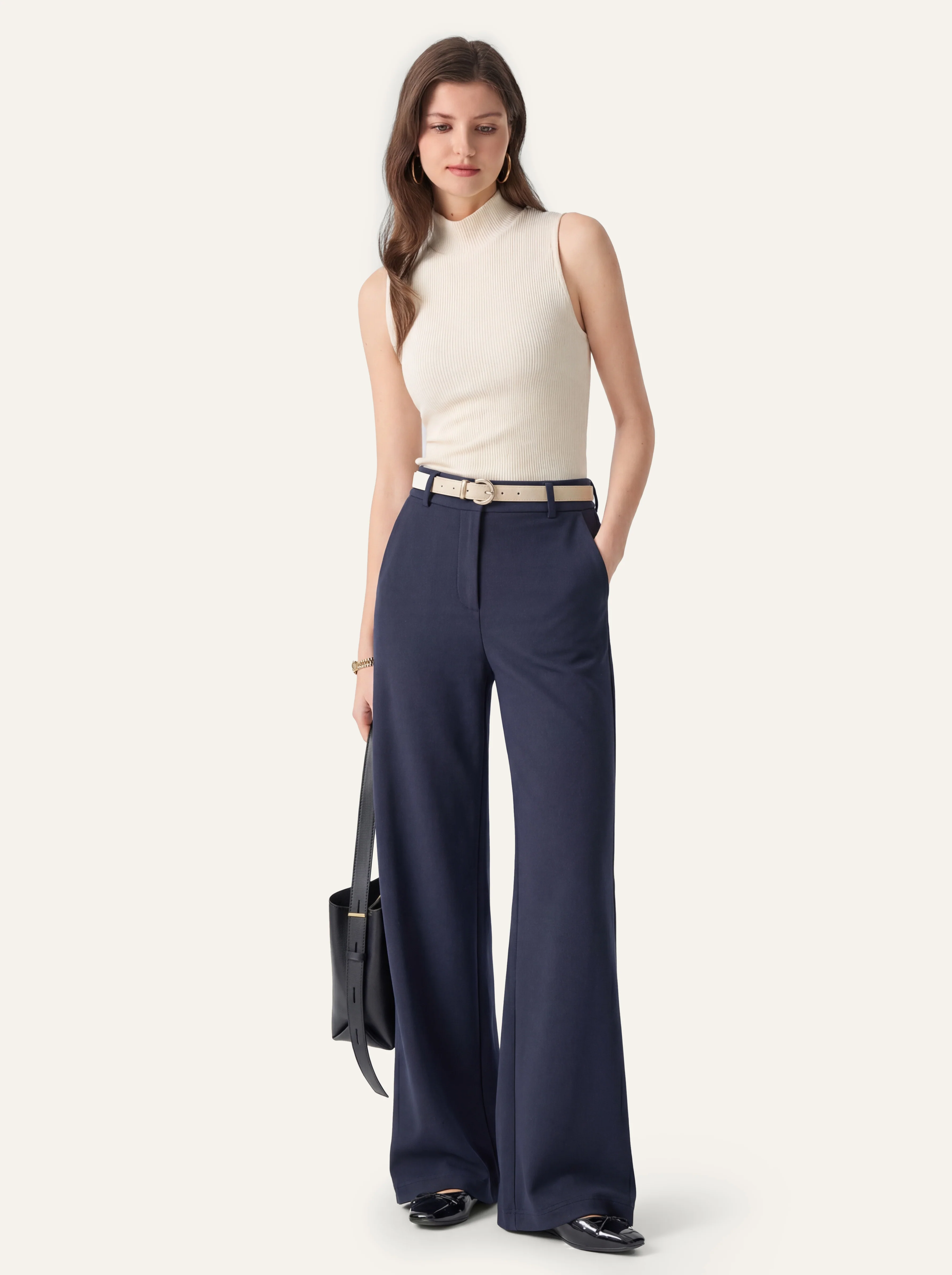 Stretchy Mid Rise Fly-Front Wide Leg Trousers - Image 22