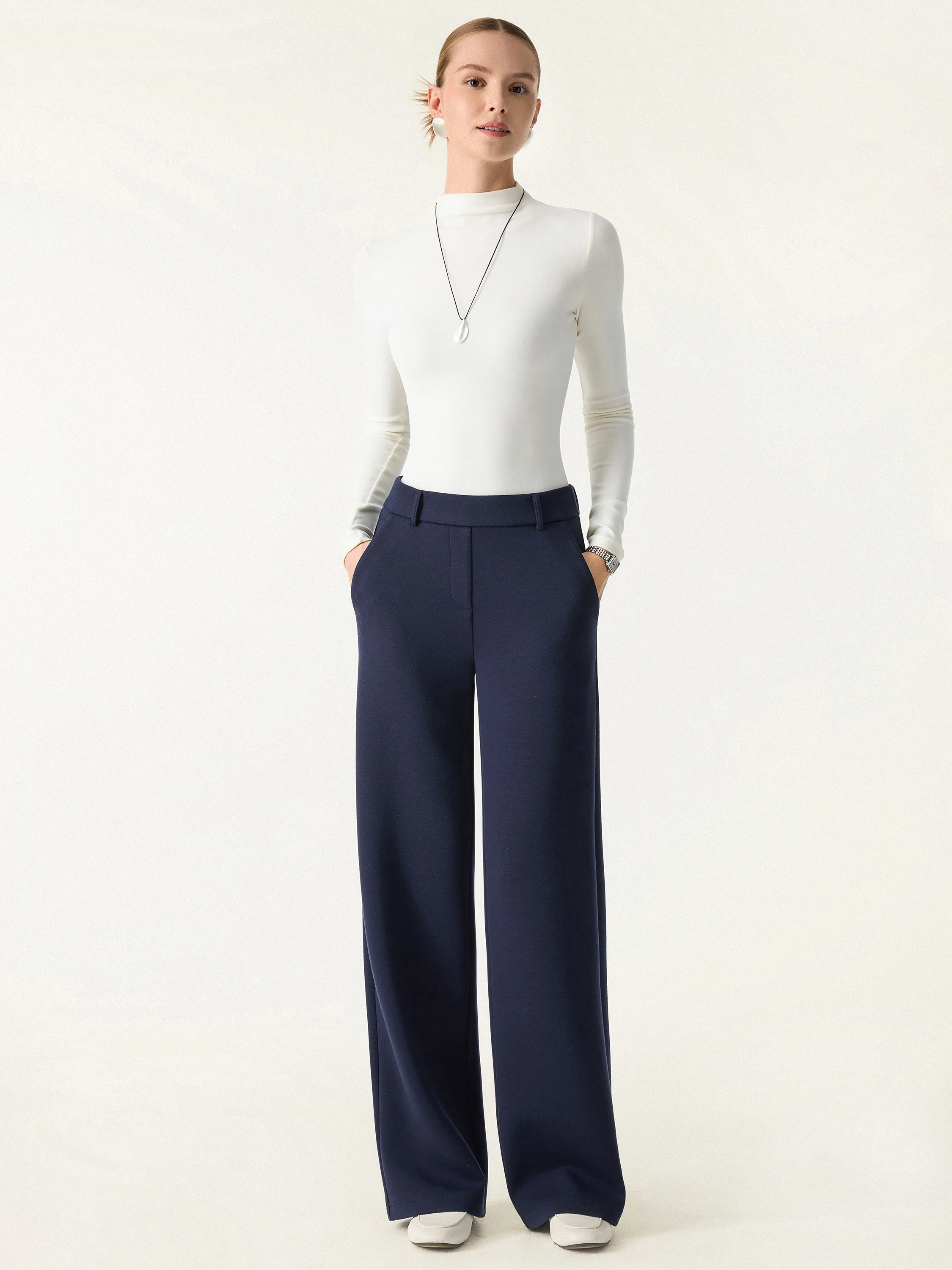 Stretchy Mid Rise Straight Leg Pull-on Pants with Pockets - Image 3