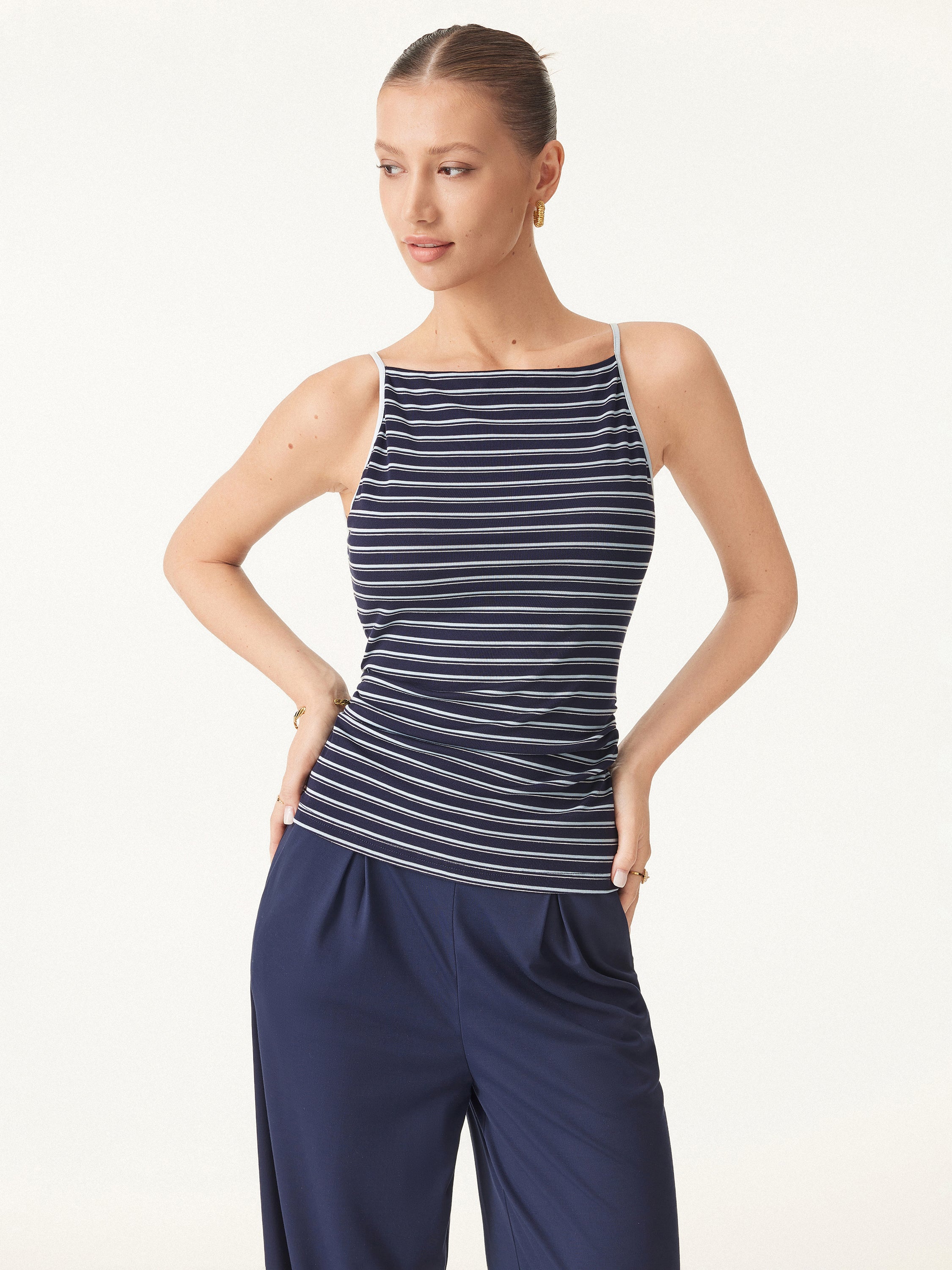 Striped Side Ruched Spaghetti New Airy Bra Tank - Image 4