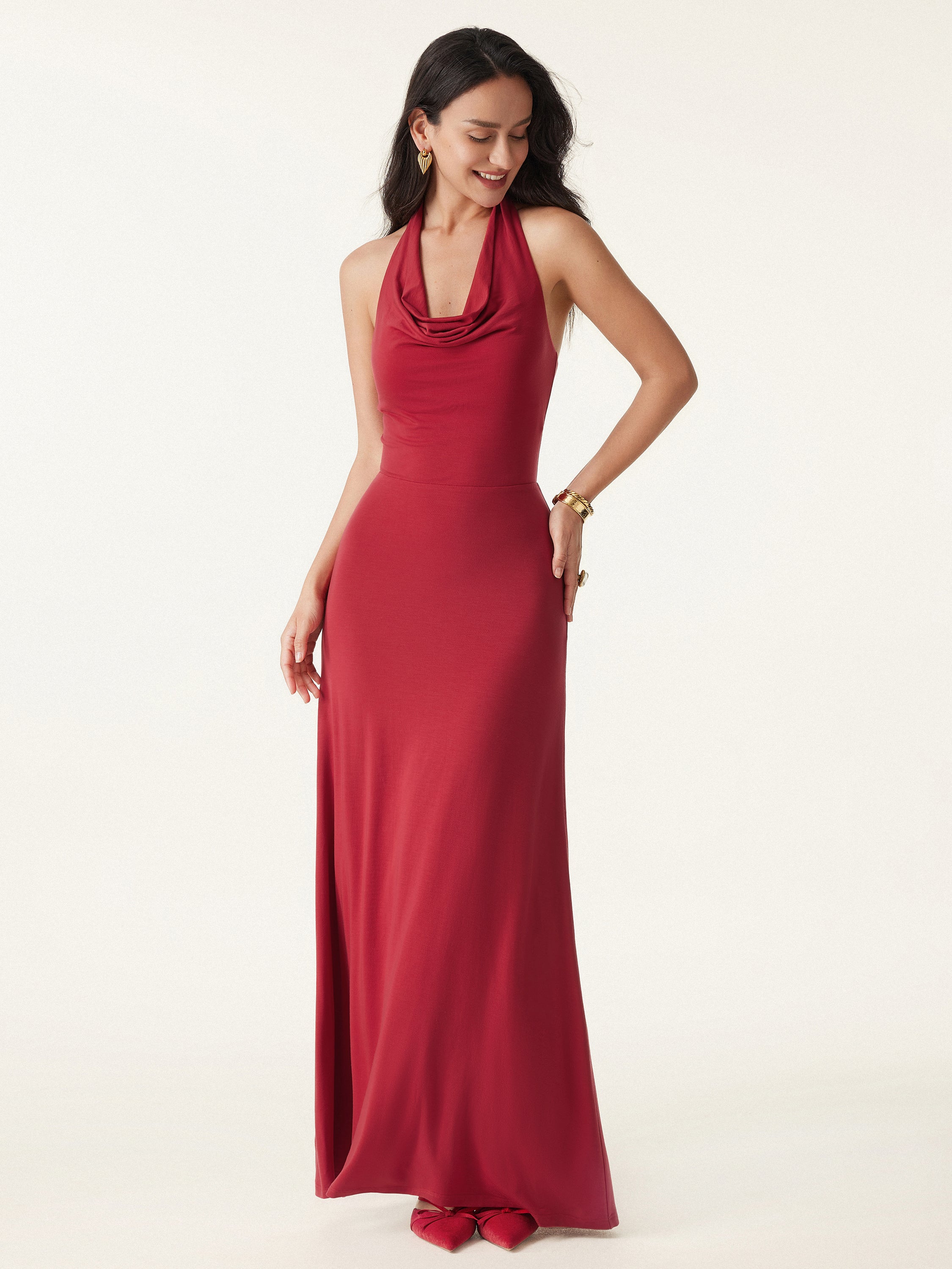 Stunning Cowl Neck Flared Maxi Bra Dress - Image 5