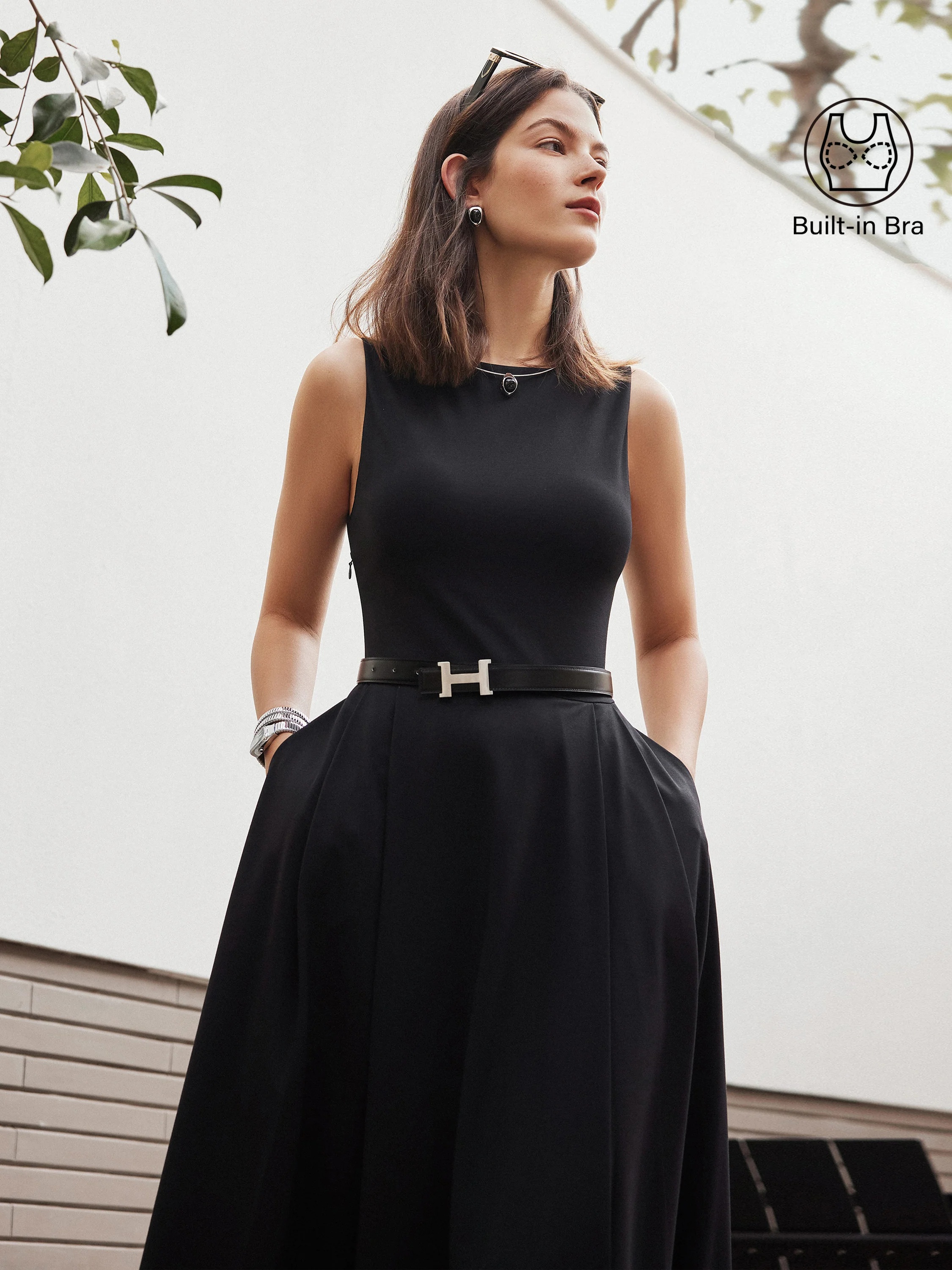 Boatneck Bamboo Ponte Bra Midi Dress with Pockets - Image 2