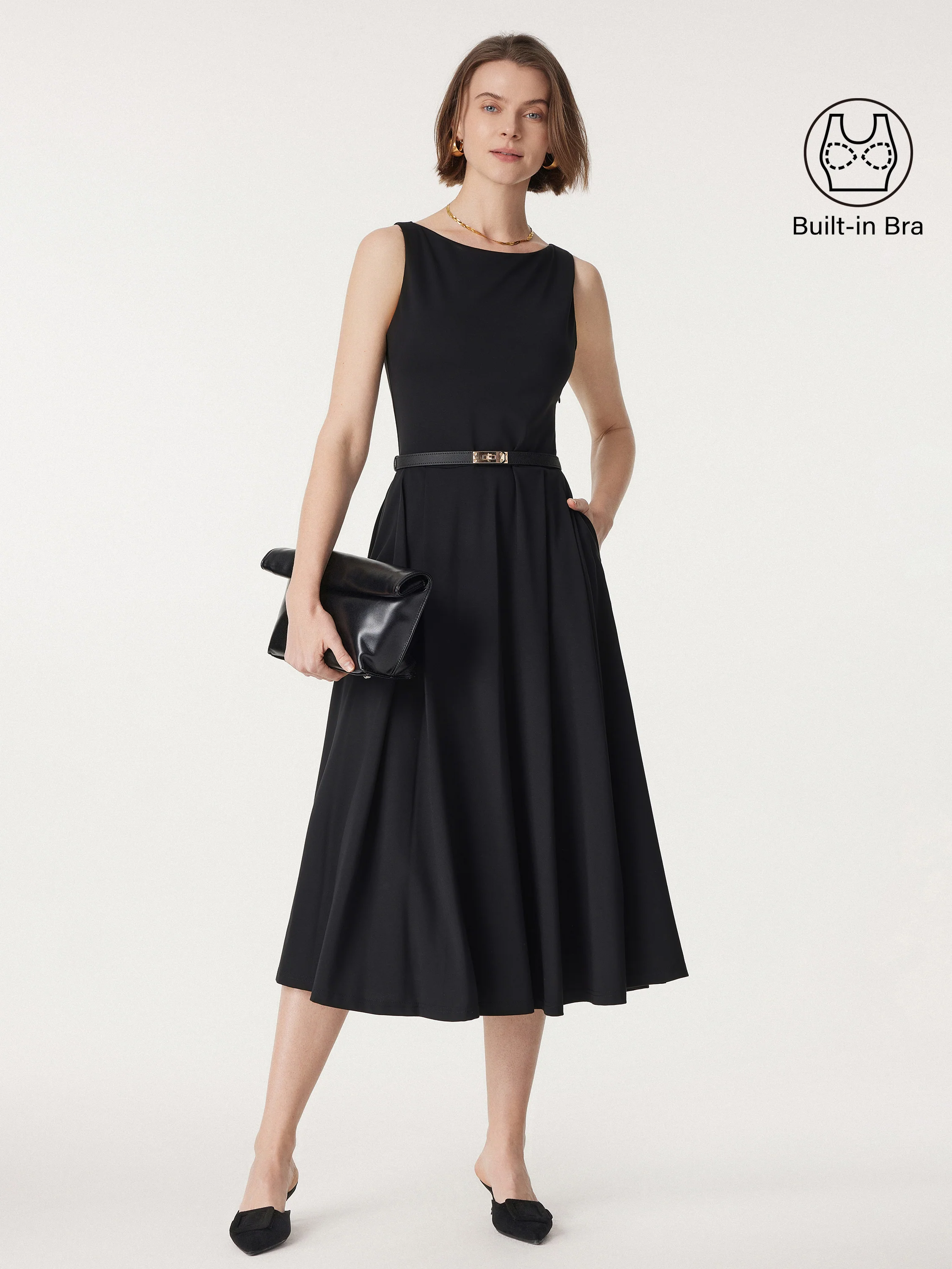 Boatneck Bamboo Ponte Bra Midi Dress with Pockets - Image 3