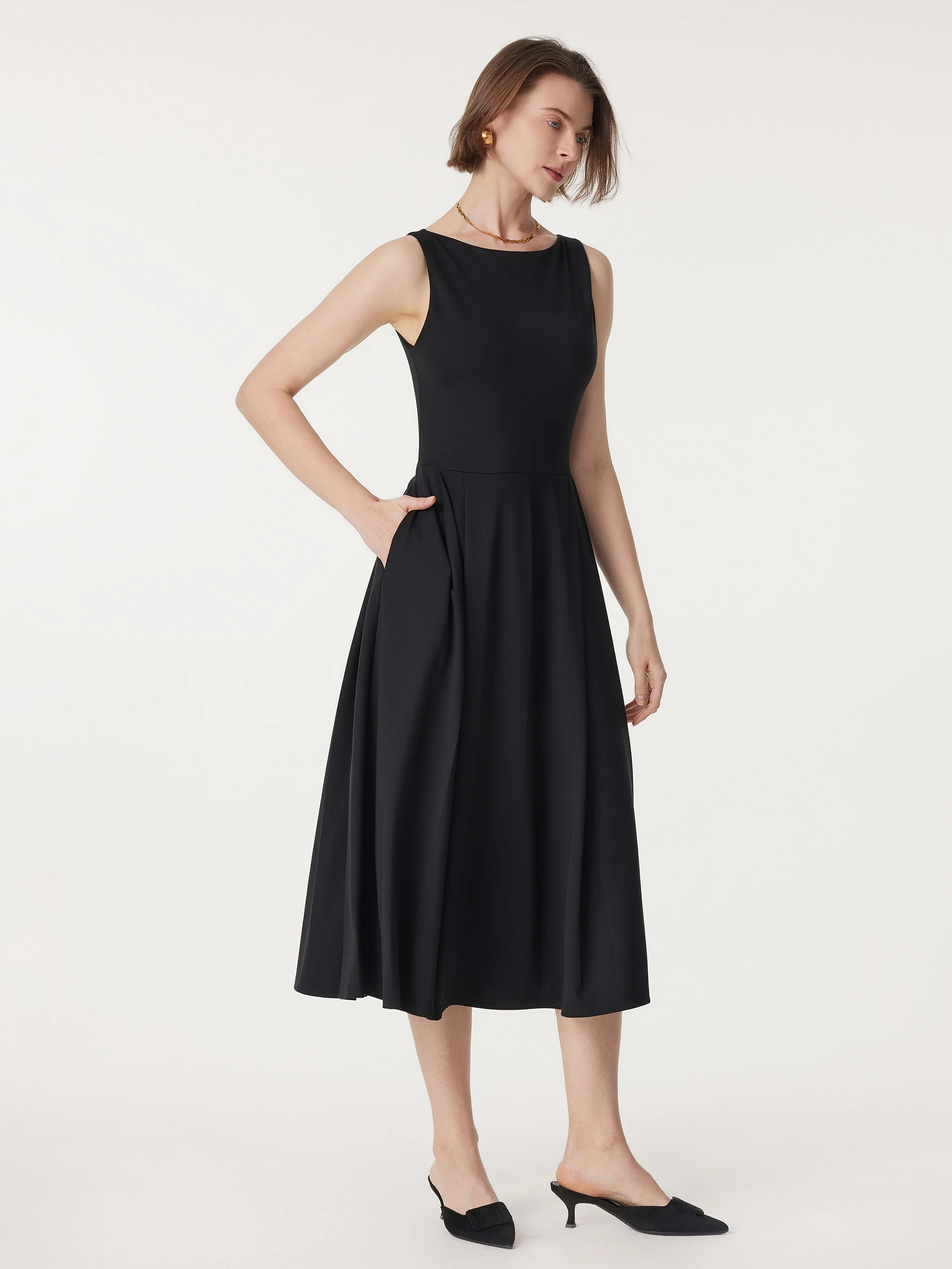 Boatneck Bamboo Ponte Bra Midi Dress with Pockets - Image 7