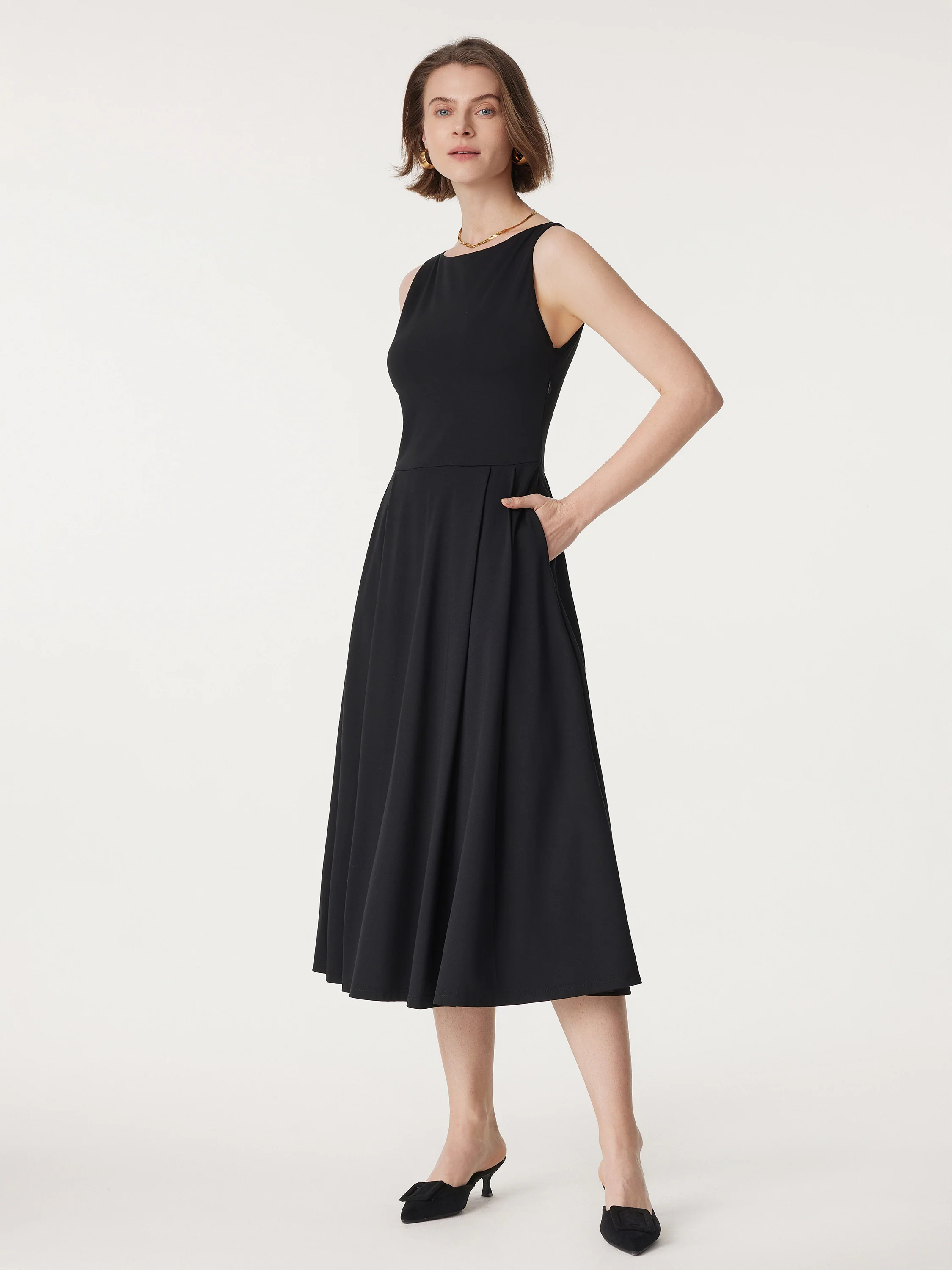 Boatneck Bamboo Ponte Bra Midi Dress with Pockets - Image 8