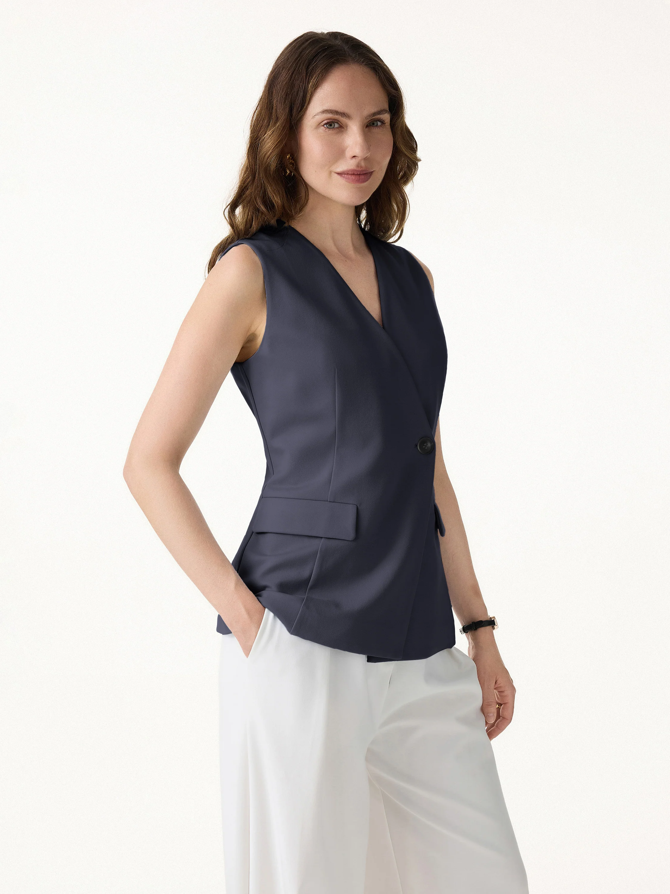 Summer V-Neck Office Staple Waistcoat with Pockets - Image 15