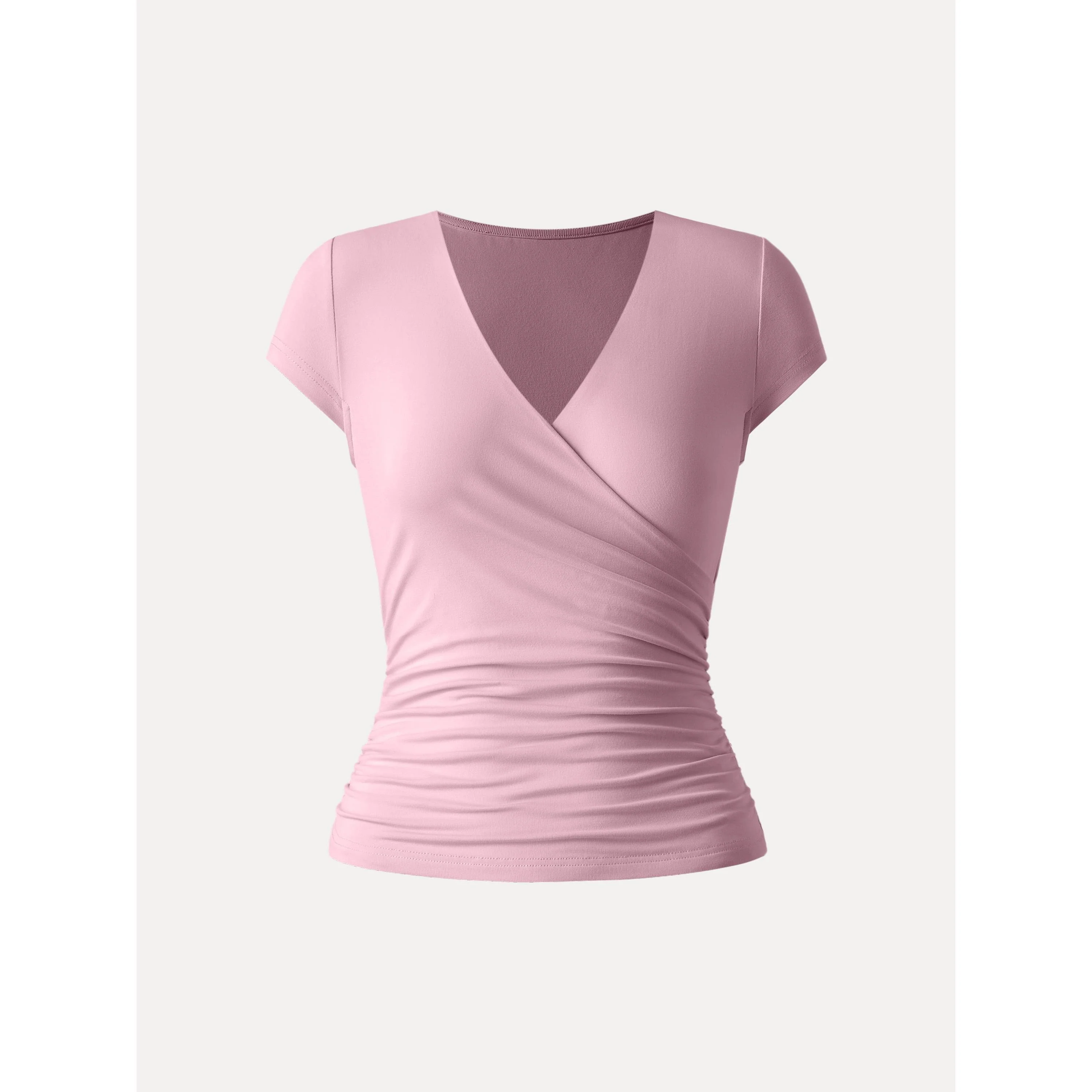 Surplice Cap Sleeve Side Ruched Fitted Tee - Image 11