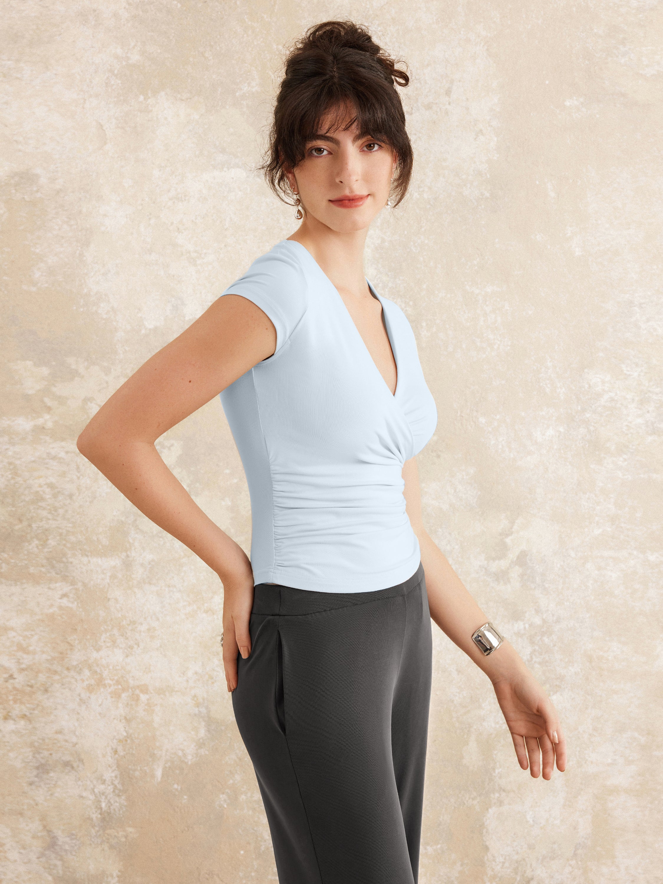 Surplice Cap Sleeve Side Ruched Fitted Tee - Image 7