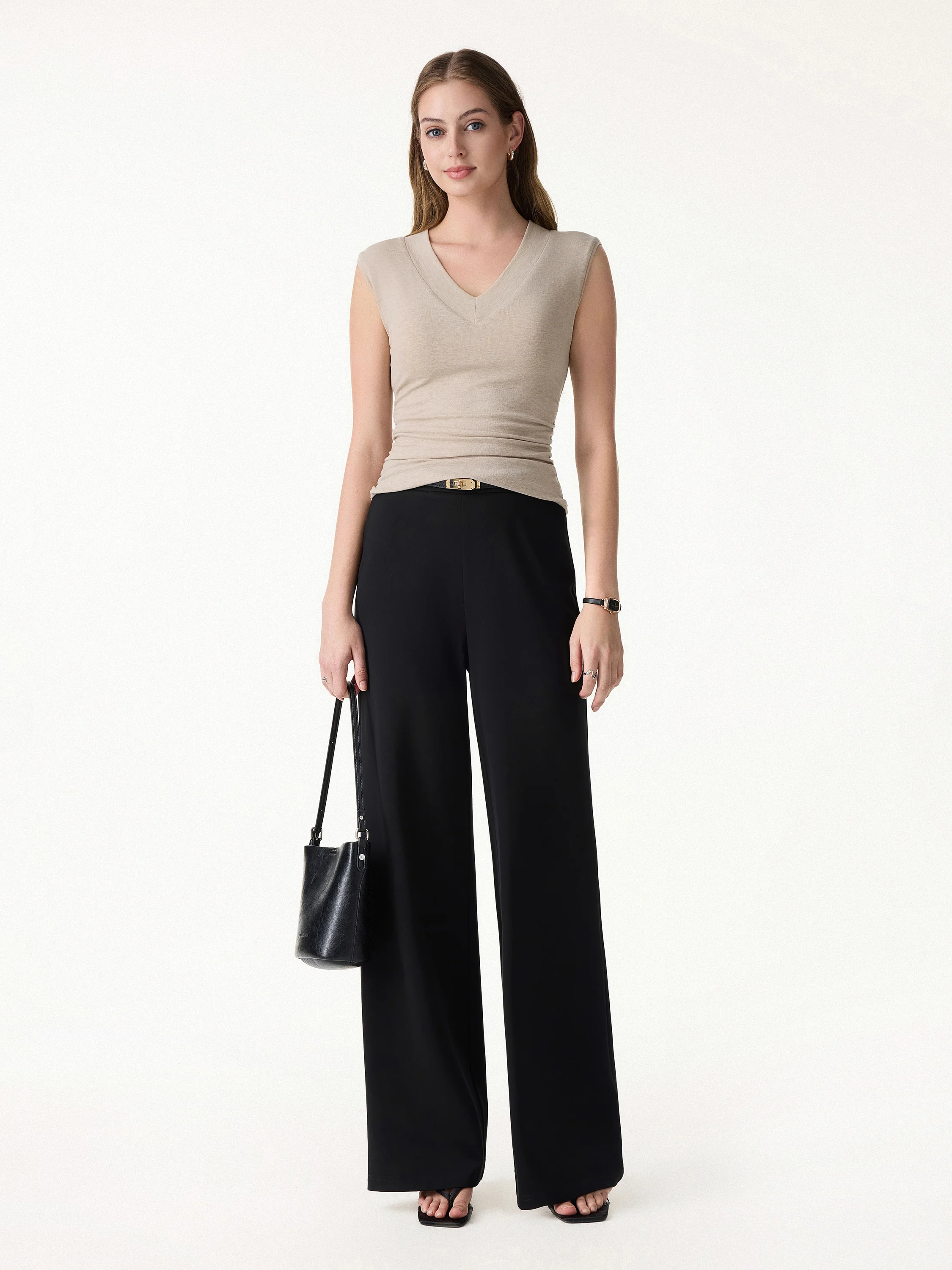 Sweat-Wicking V-Neck Wide Shoulder Ruched Bra Top - Image 3