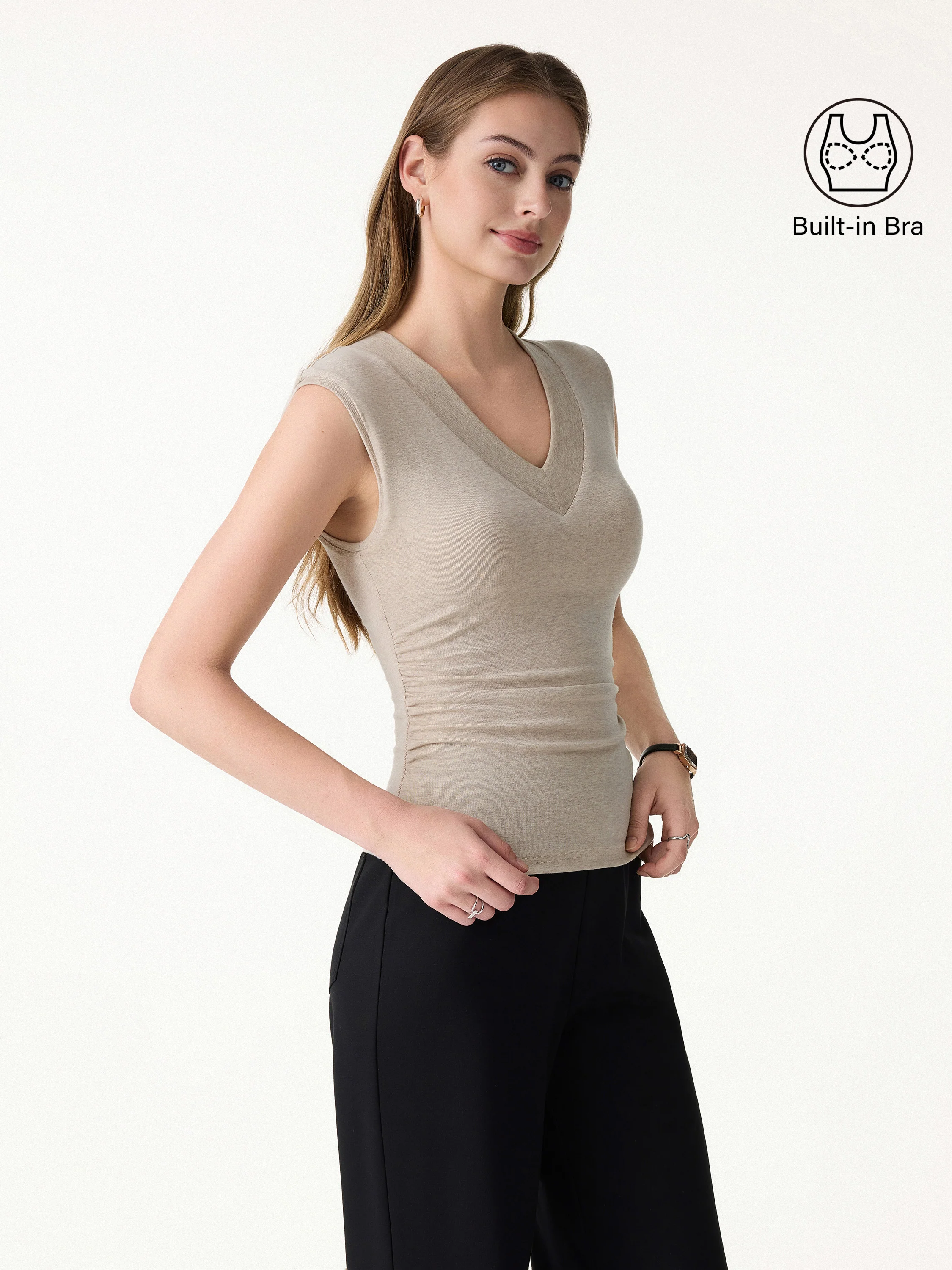 Sweat-Wicking V-Neck Wide Shoulder Ruched Bra Top - Image 4