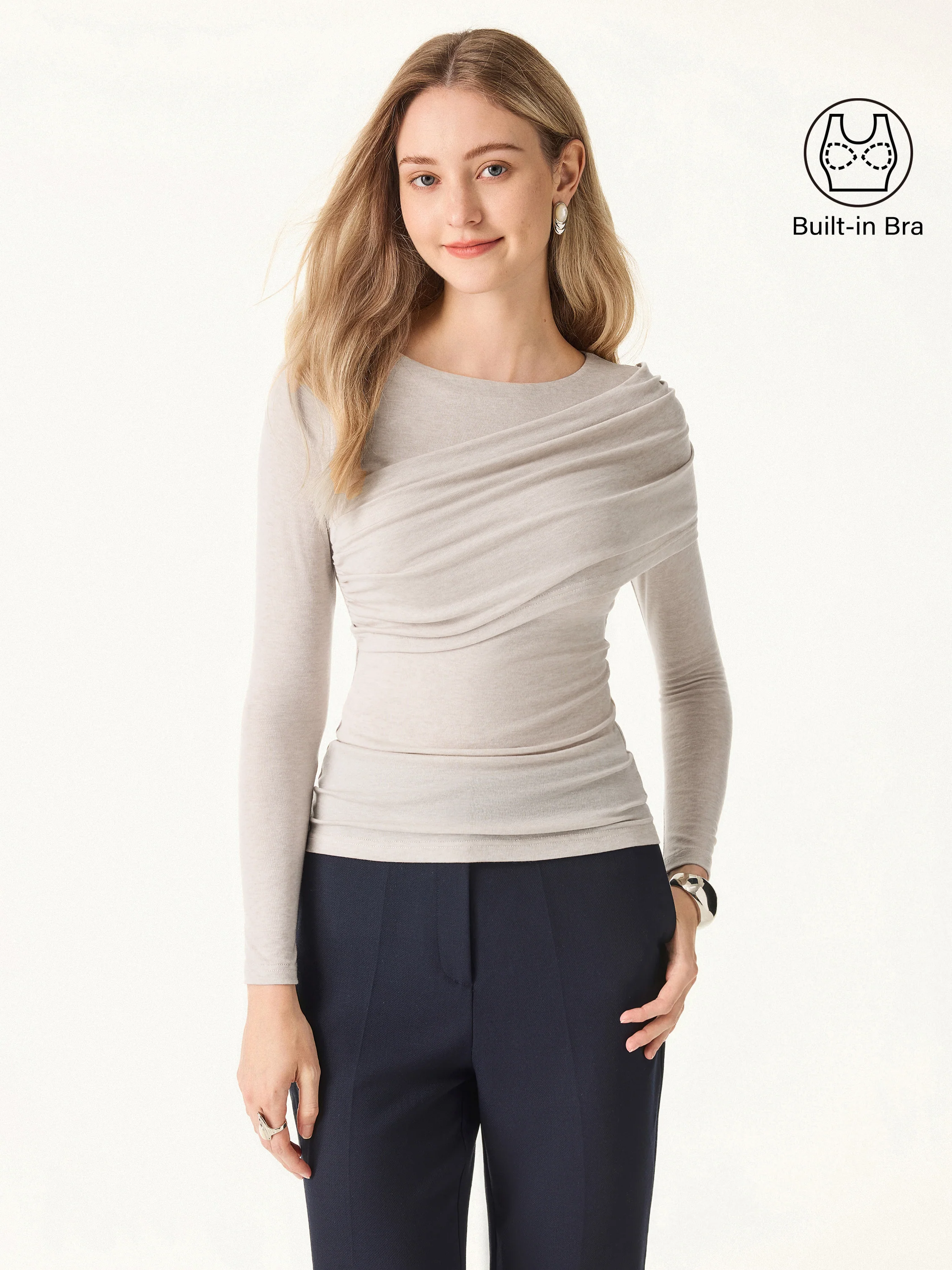 Tencel-Wool Gathered Semi Sheer Long Sleeve Bra Top - Image 4