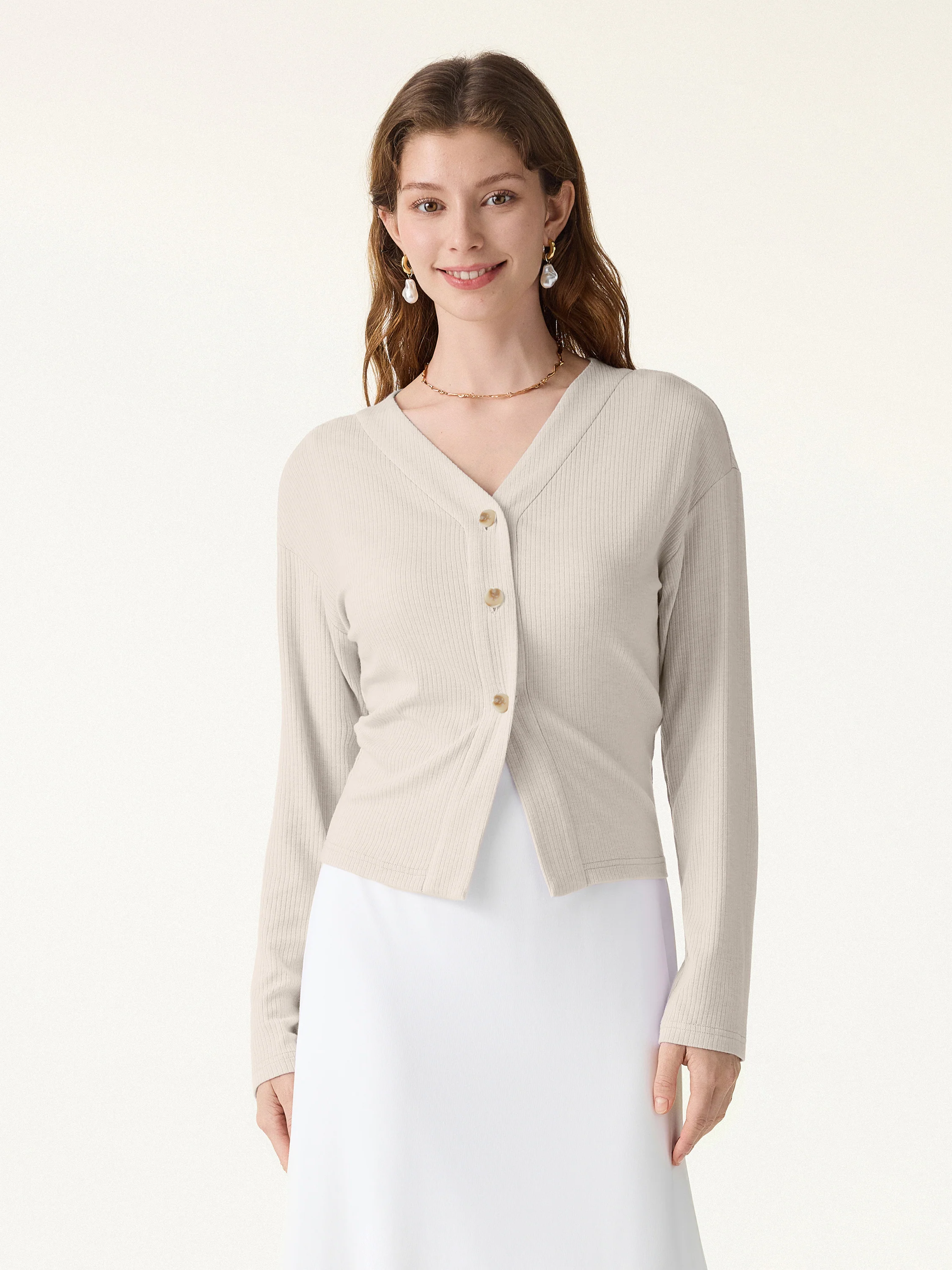 Textured Rib Relaxed V-Neck Button-Up Cardigan