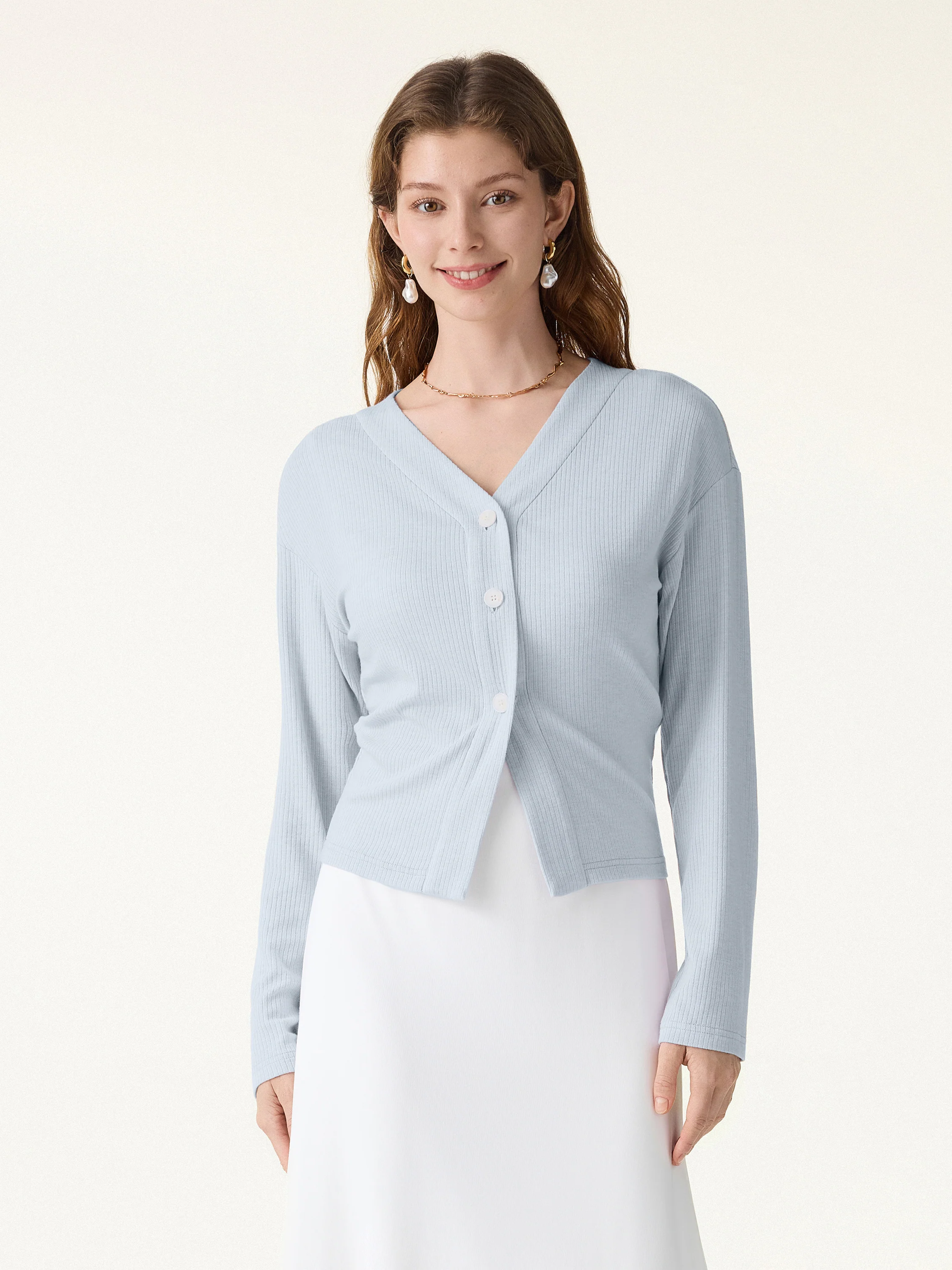 Textured Rib Relaxed V-Neck Button-Up Cardigan - Image 11