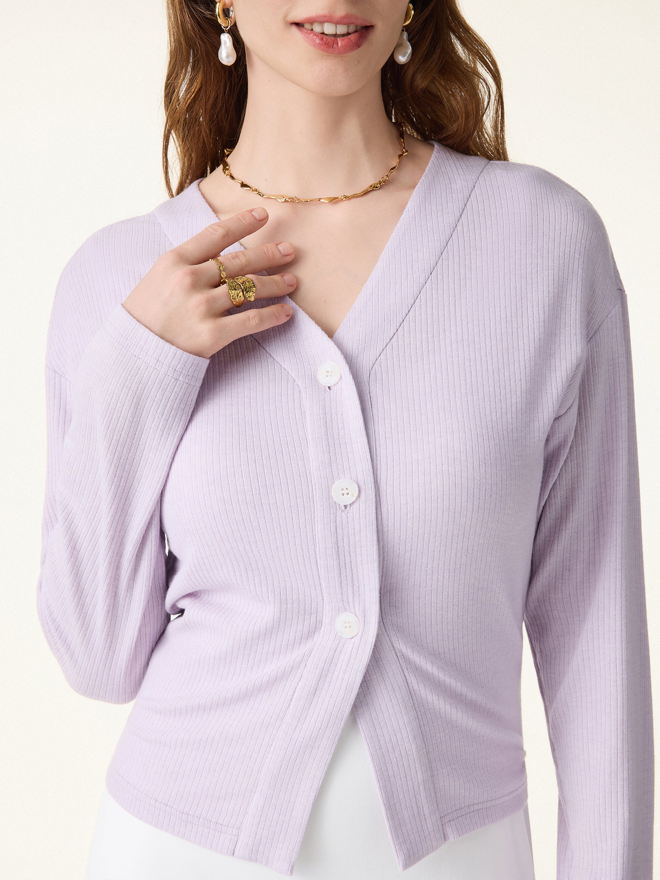 Textured Rib Relaxed V-Neck Button-Up Cardigan - Image 3