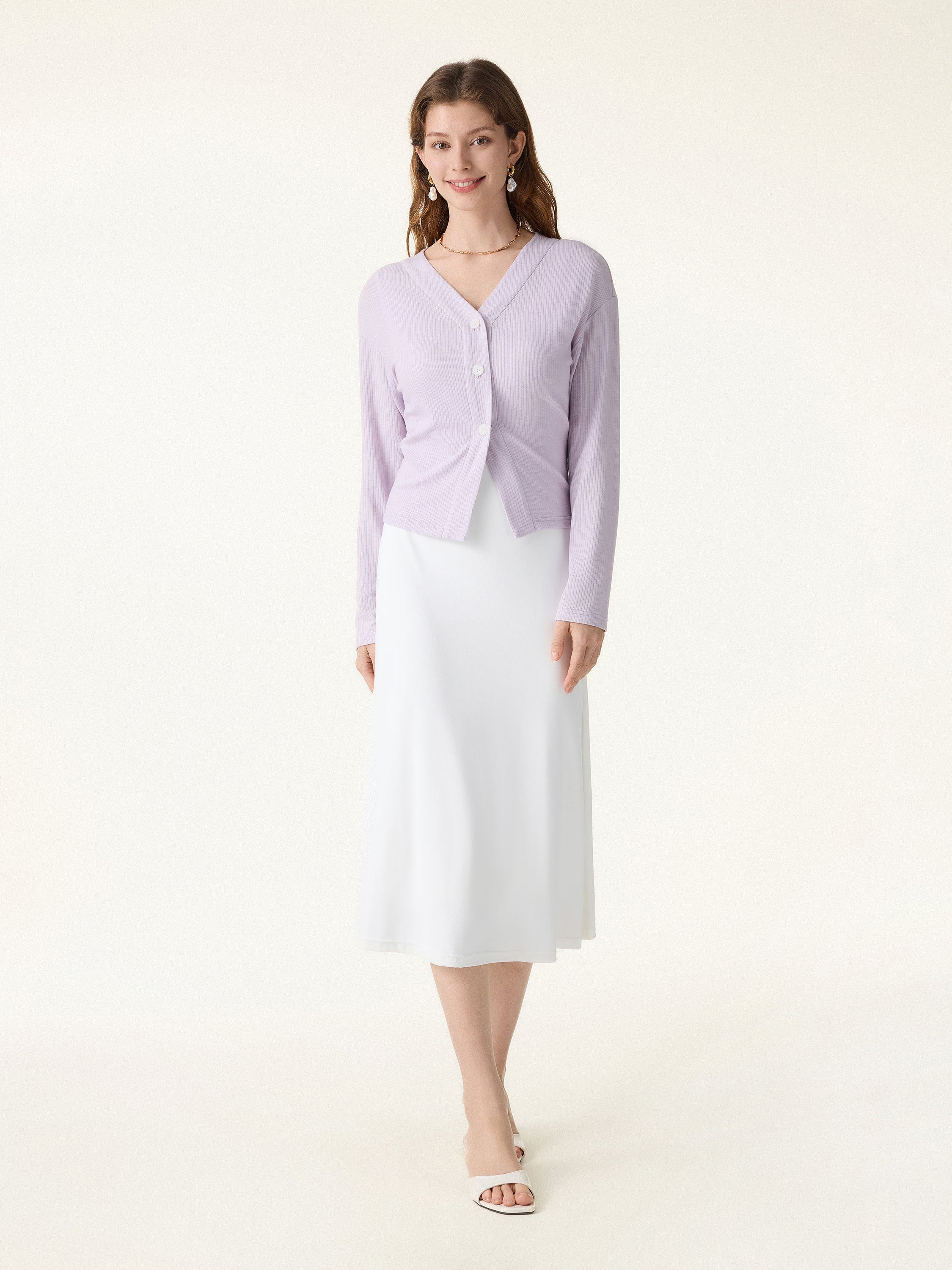 Textured Rib Relaxed V-Neck Button-Up Cardigan - Image 5