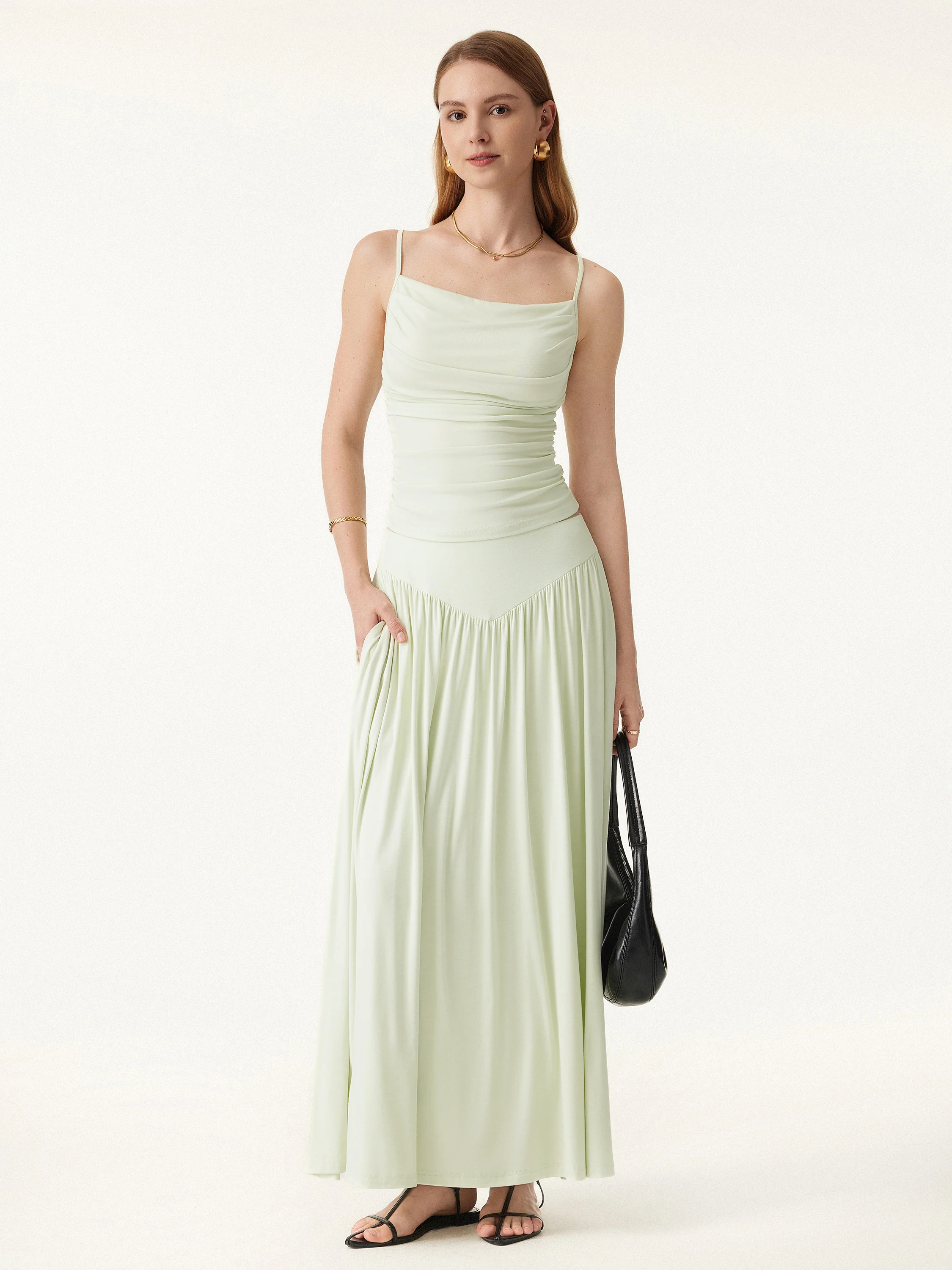 Ultrasoft V-shape Waist Gathred Maxi Circle Skirt with Pockets - Image 4