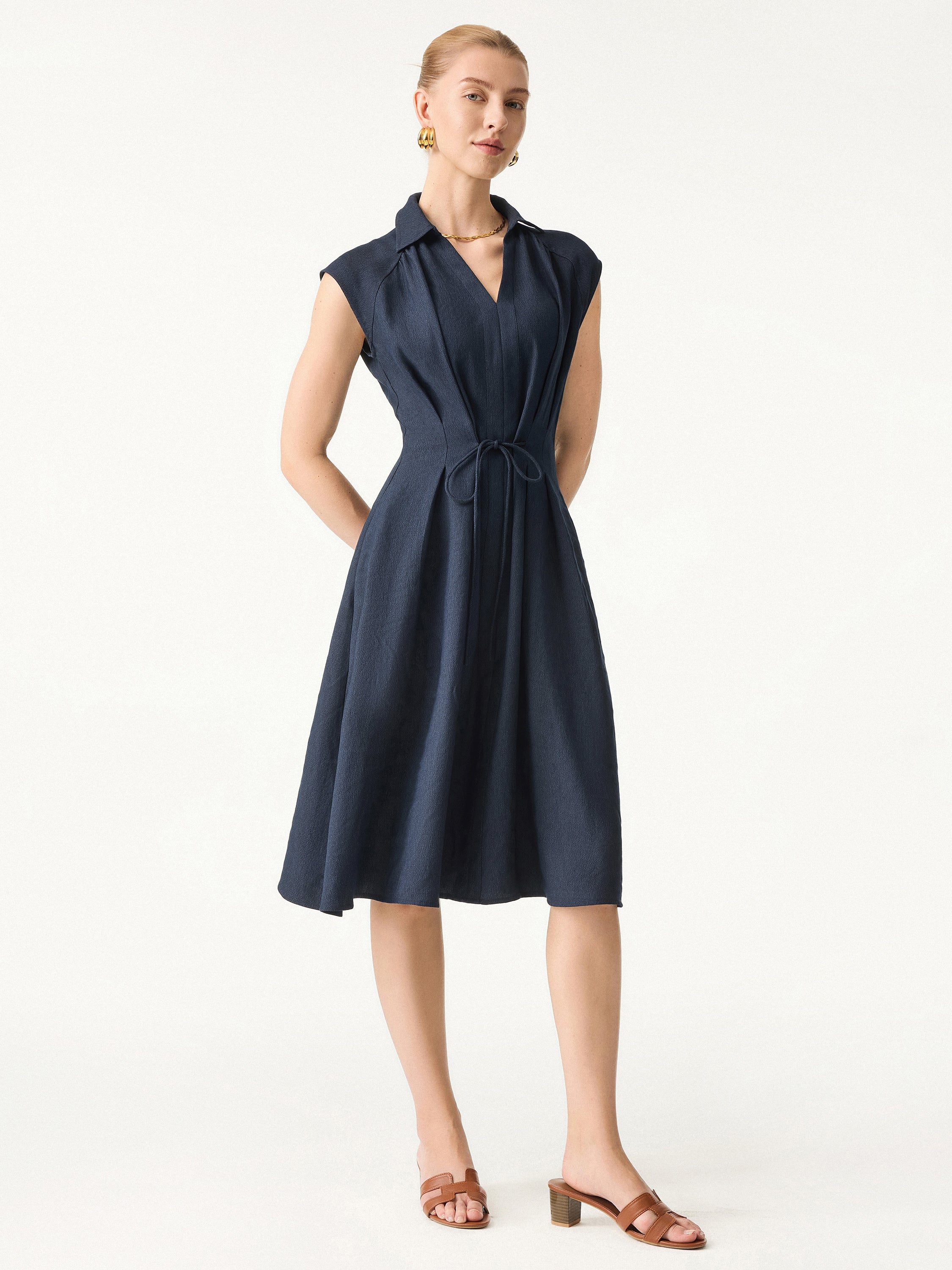 Viscose-Linen Collared V-neck Midi Dress with Drawstring - Image 10