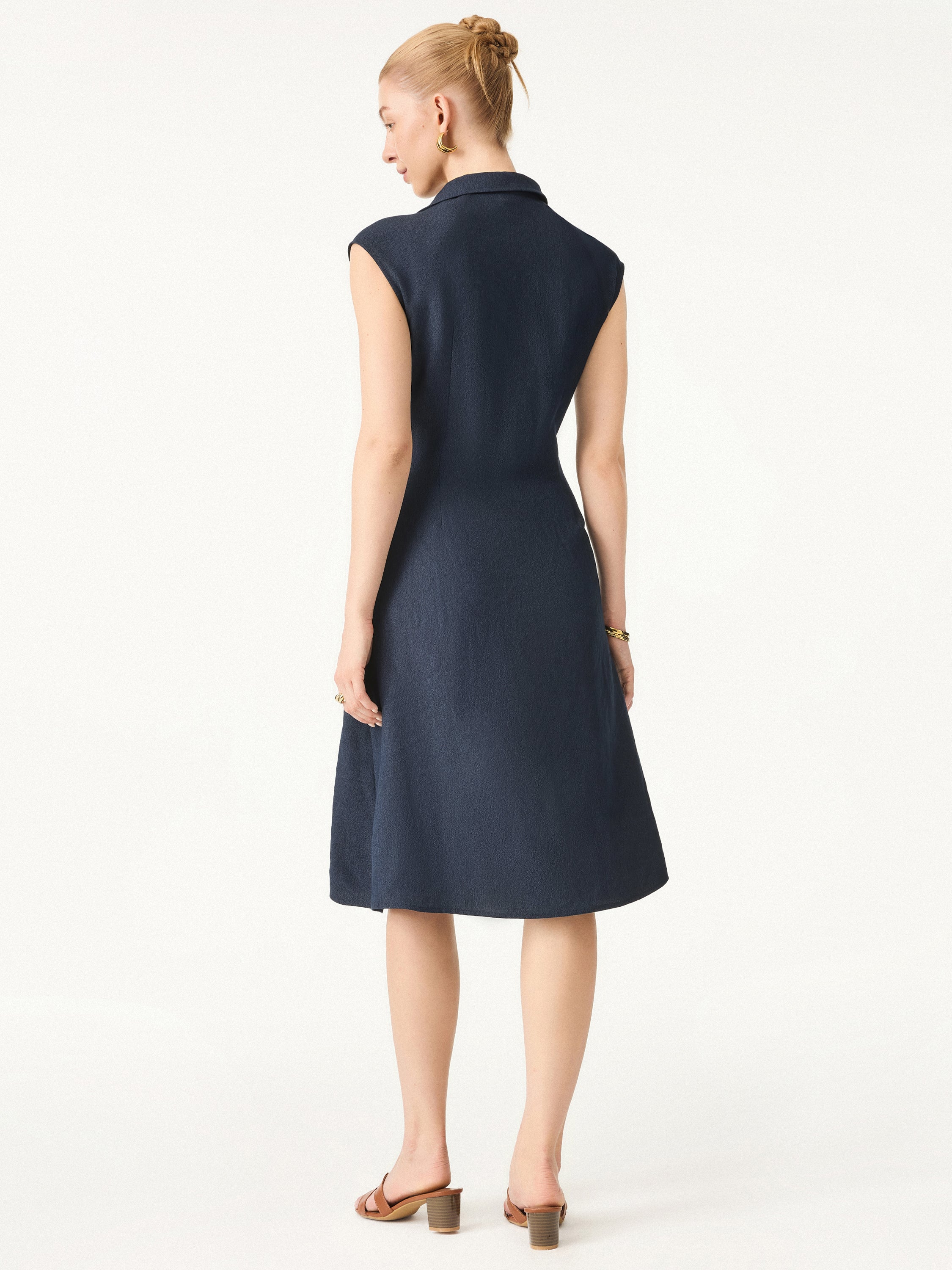 Viscose-Linen Collared V-neck Midi Dress with Drawstring - Image 11