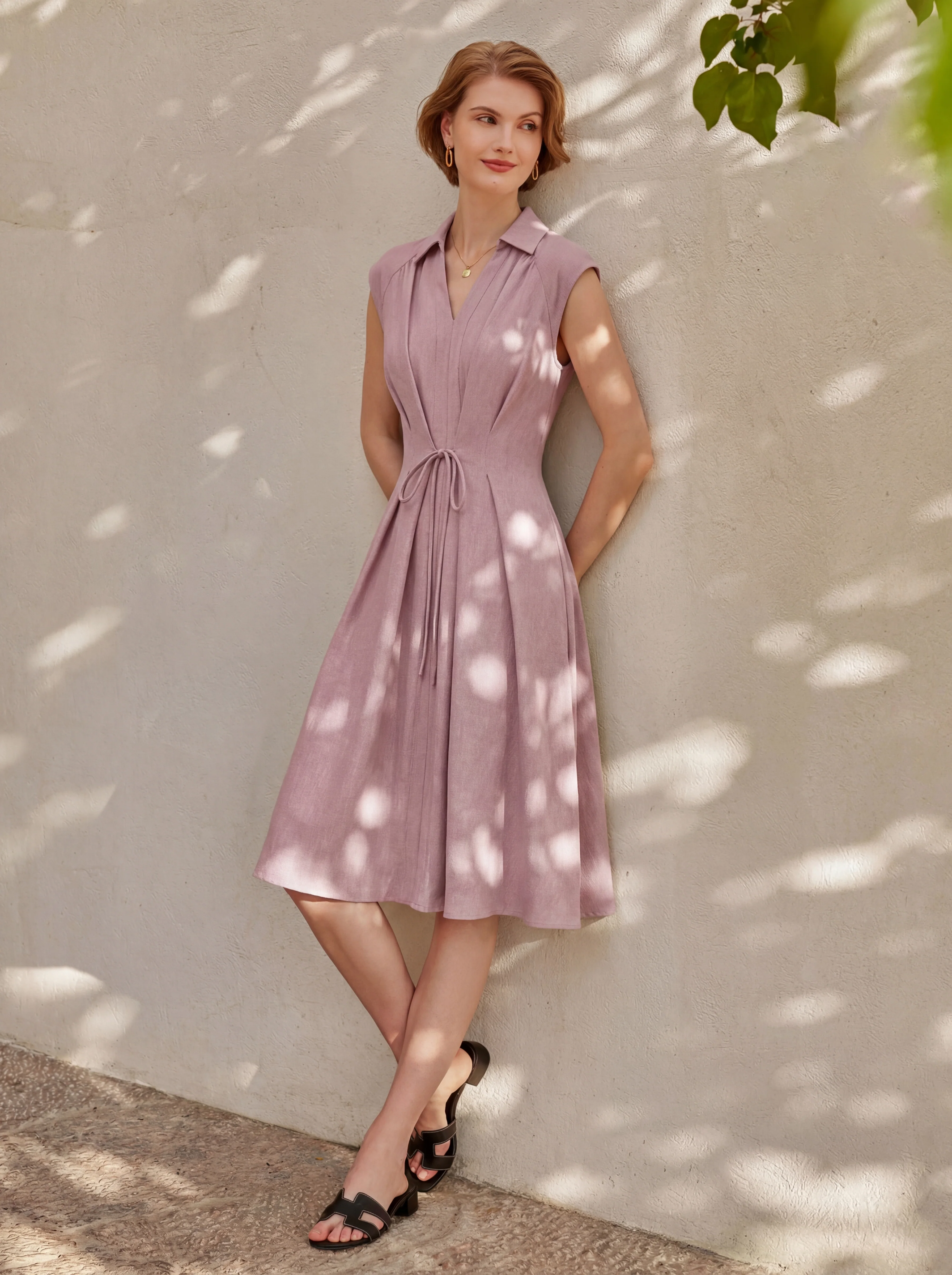 Viscose-Linen Collared V-neck Midi Dress with Drawstring - Image 13