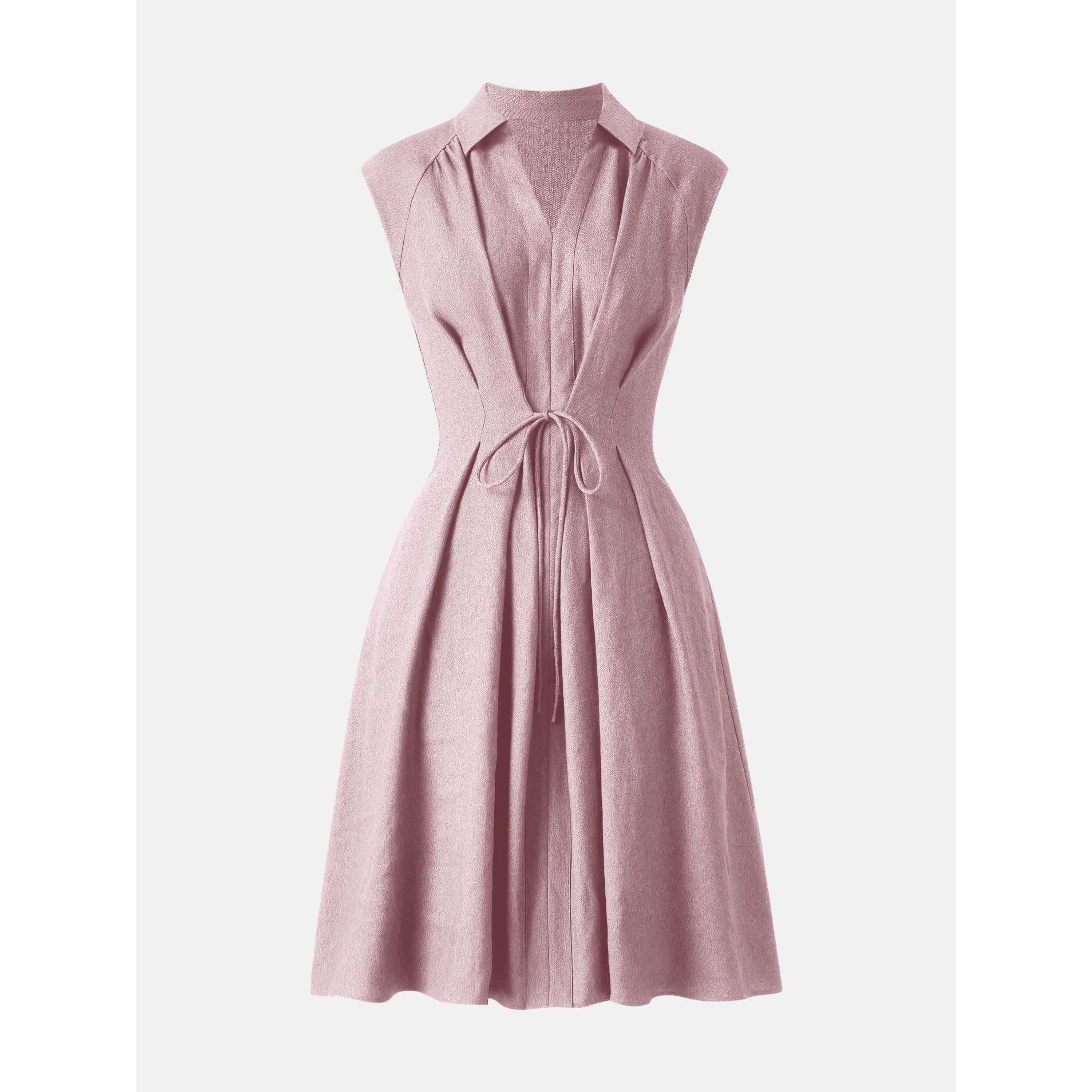 Viscose-Linen Collared V-neck Midi Dress with Drawstring - Image 14