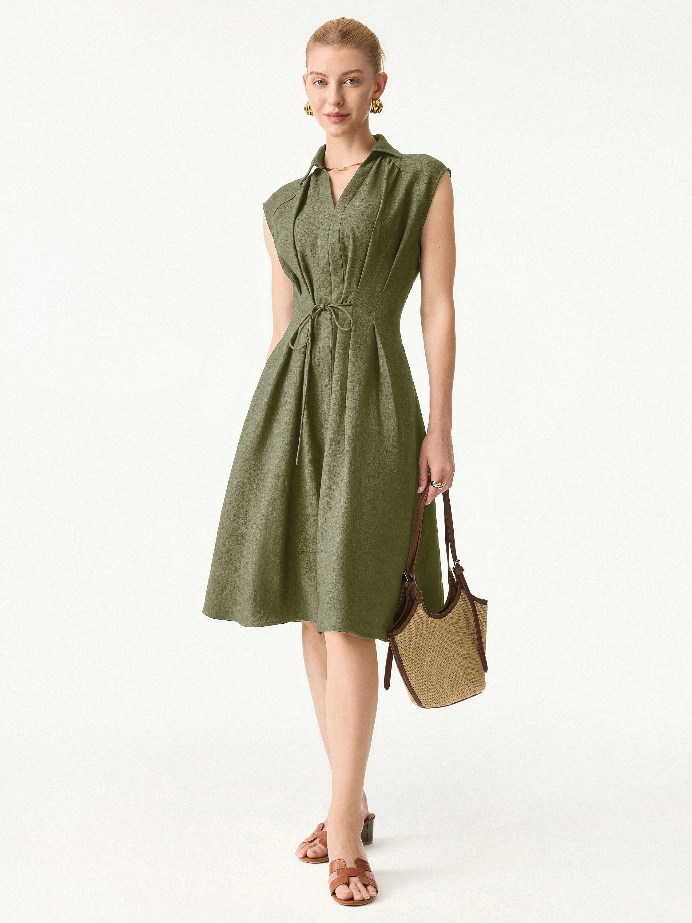 Viscose-Linen Collared V-neck Midi Dress with Drawstring - Image 15
